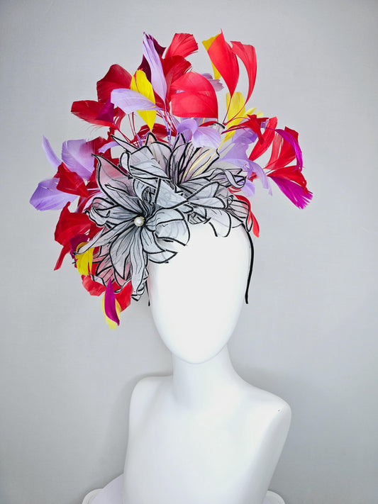 kentucky derby hat fascinator purple violet red and yellow feathers with large chiffon black and white flowers