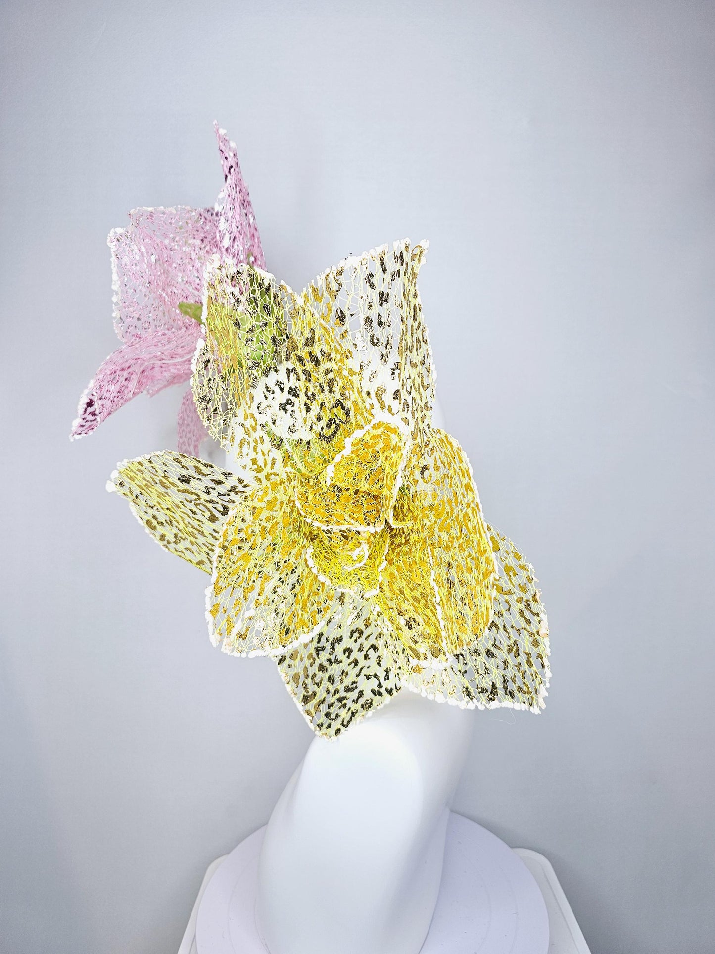 kentucky derby hat fascinator crystal headband with metallic lace large pink and yellow wire flowers