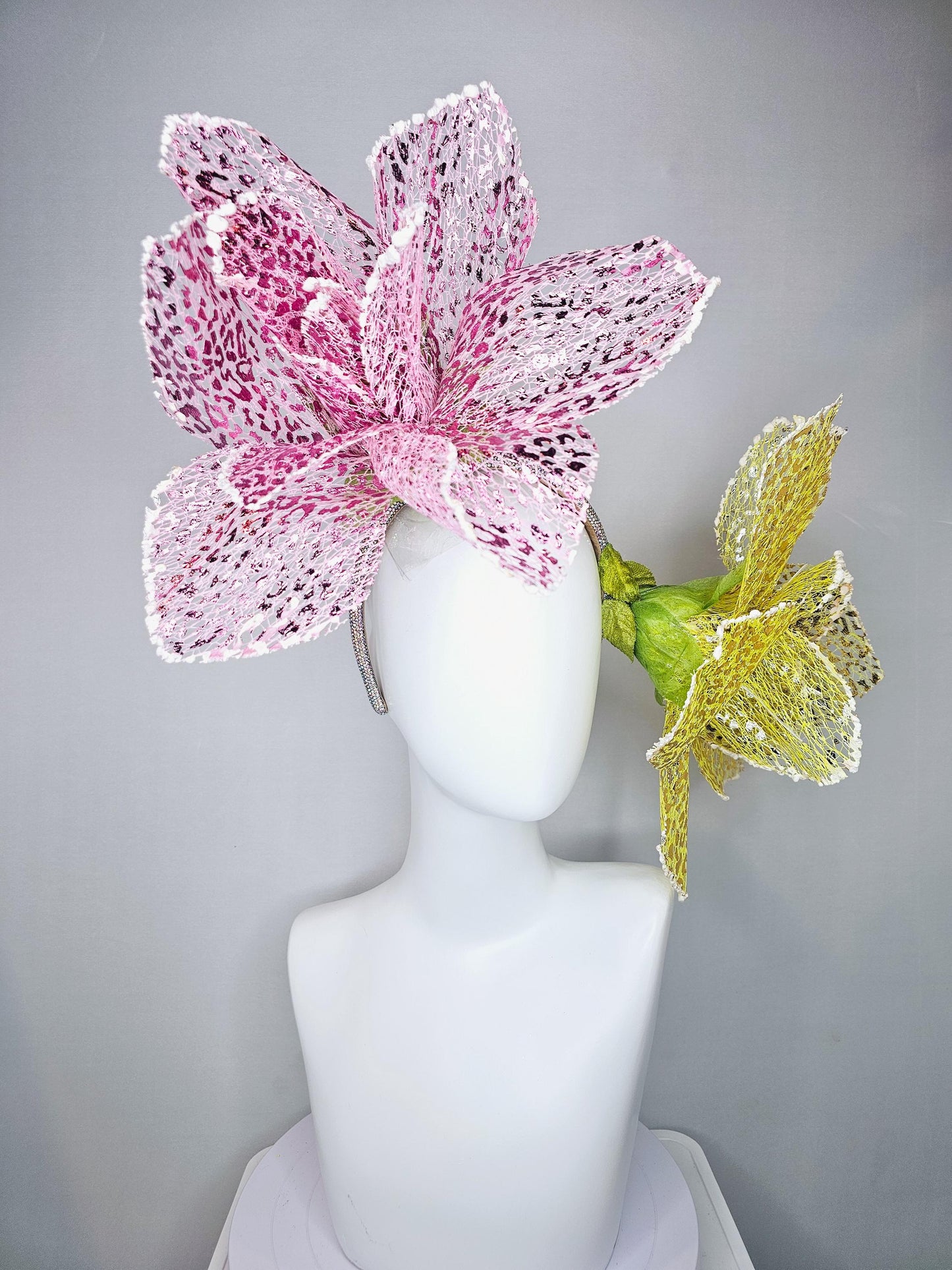 kentucky derby hat fascinator crystal headband with metallic lace large pink and yellow wire flowers