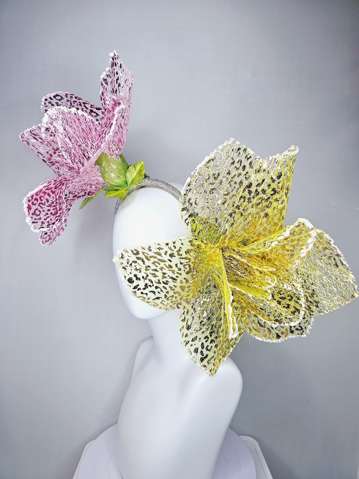 kentucky derby hat fascinator crystal headband with metallic lace large pink and yellow wire flowers