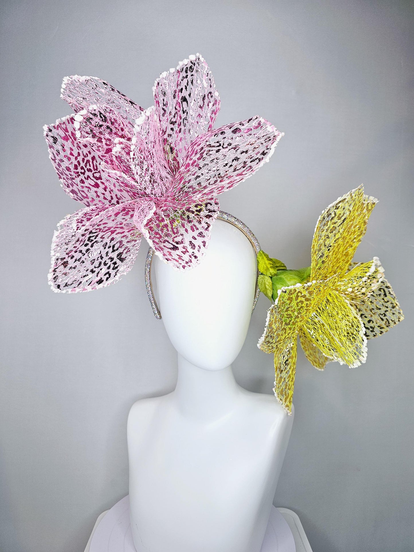 kentucky derby hat fascinator crystal headband with metallic lace large pink and yellow wire flowers