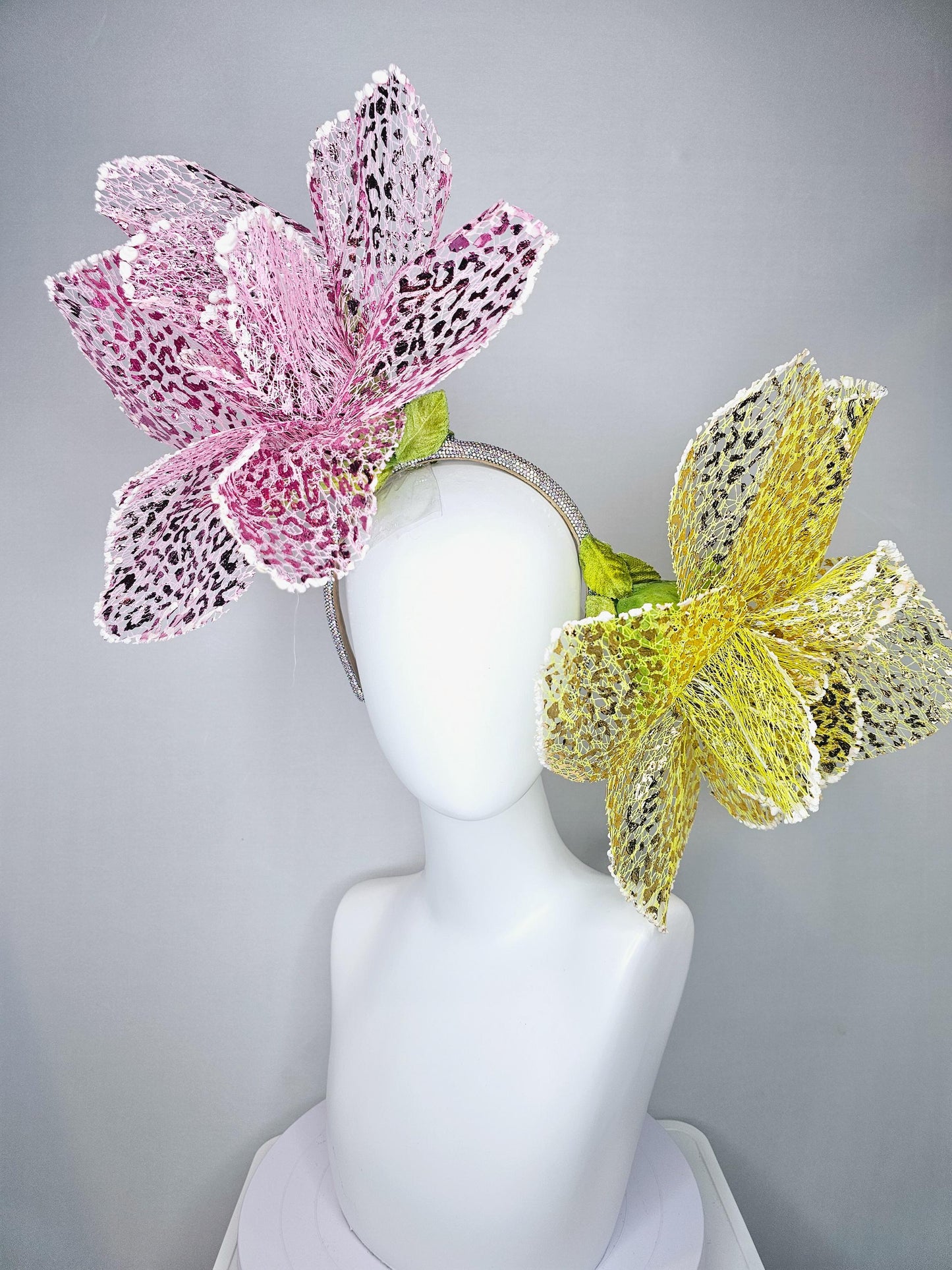 kentucky derby hat fascinator crystal headband with metallic lace large pink and yellow wire flowers
