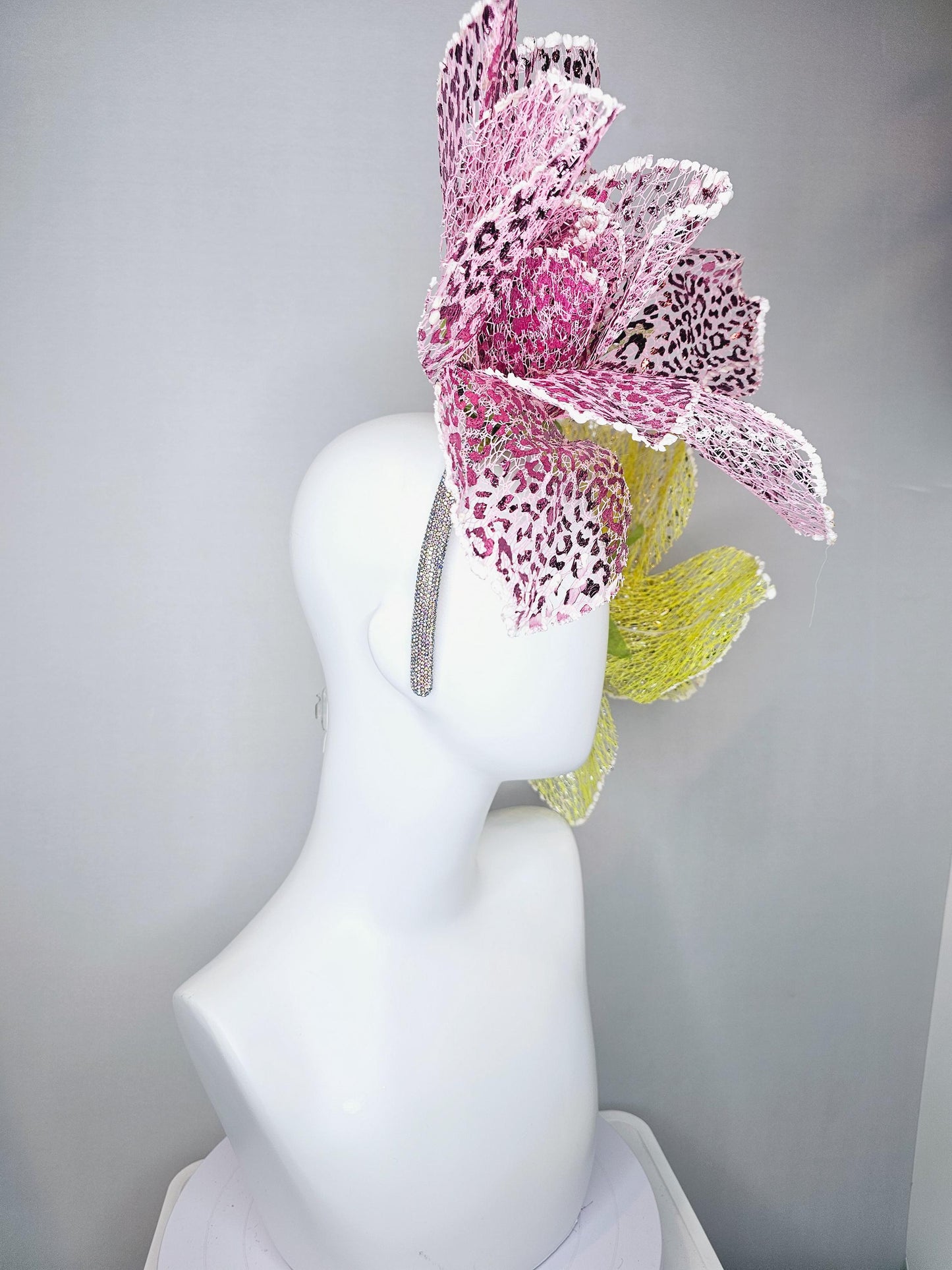 kentucky derby hat fascinator crystal headband with metallic lace large pink and yellow wire flowers