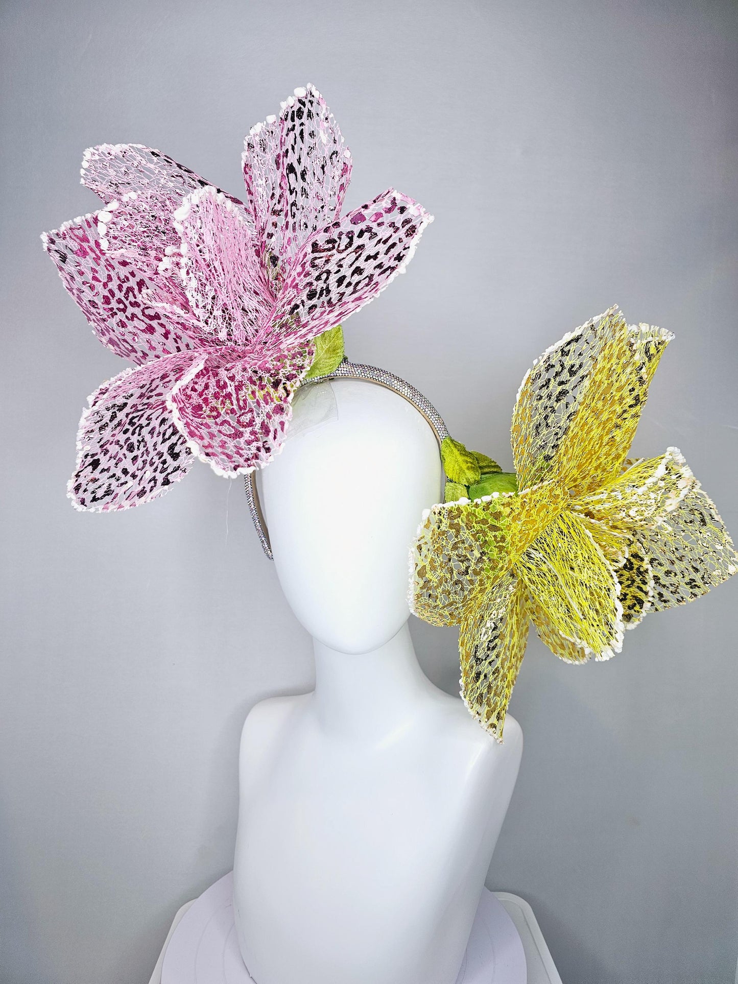 kentucky derby hat fascinator crystal headband with metallic lace large pink and yellow wire flowers