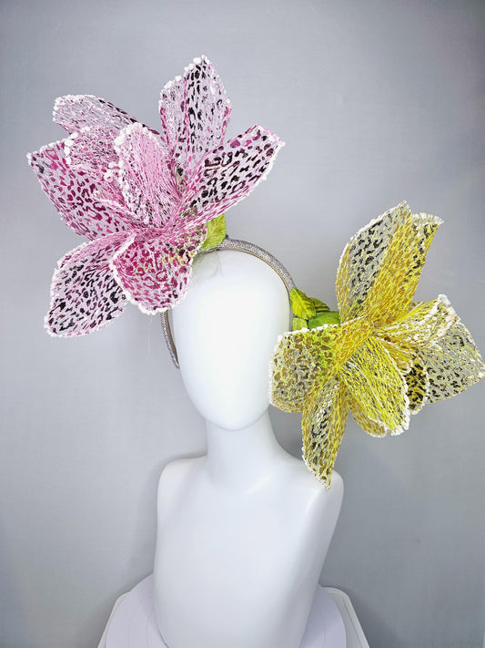 kentucky derby hat fascinator crystal headband with metallic lace large pink and yellow wire flowers