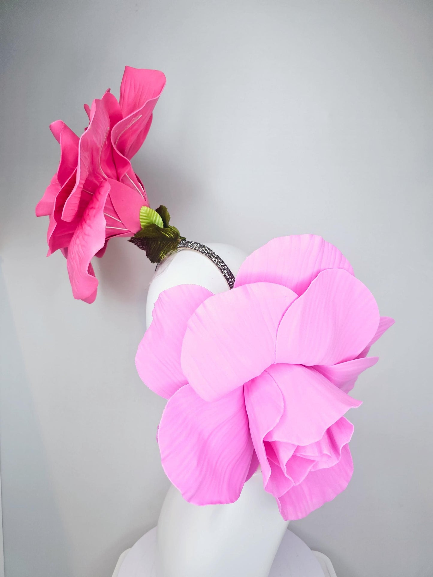 kentucky derby hat fascinator crystal headband with large bright pink and light pink flowers