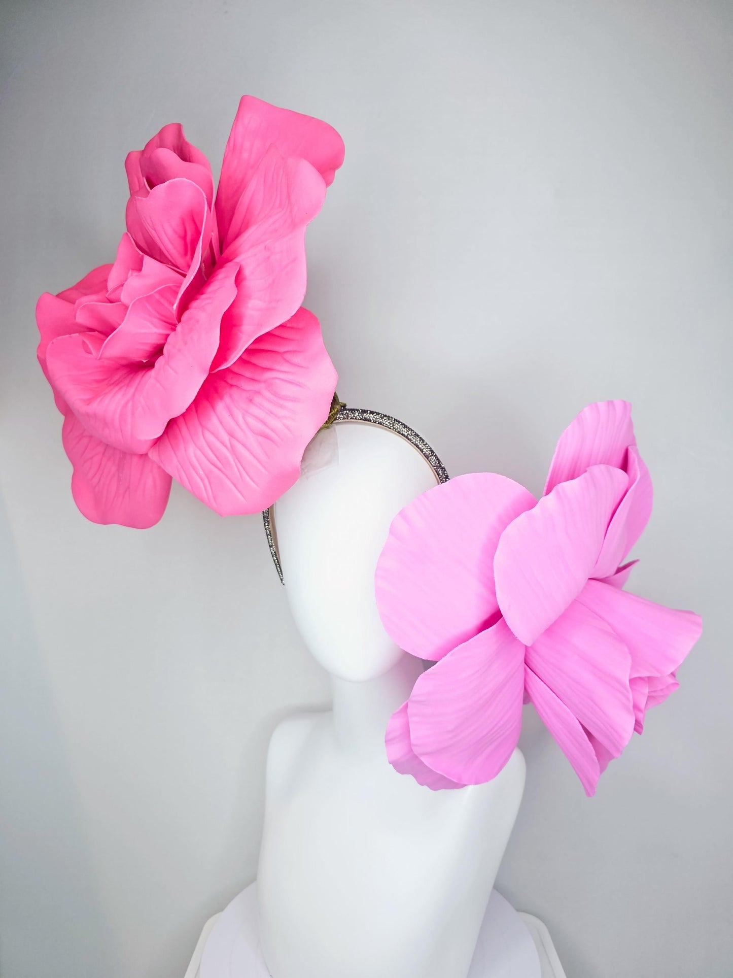 kentucky derby hat fascinator crystal headband with large bright pink and light pink flowers