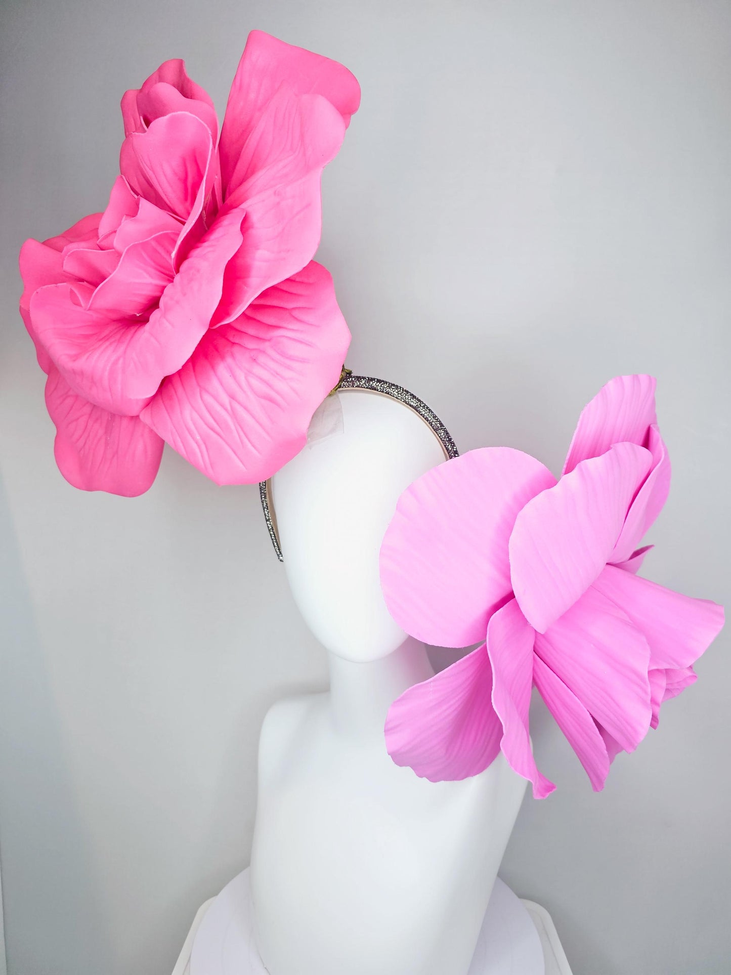 kentucky derby hat fascinator crystal headband with large bright pink and light pink flowers