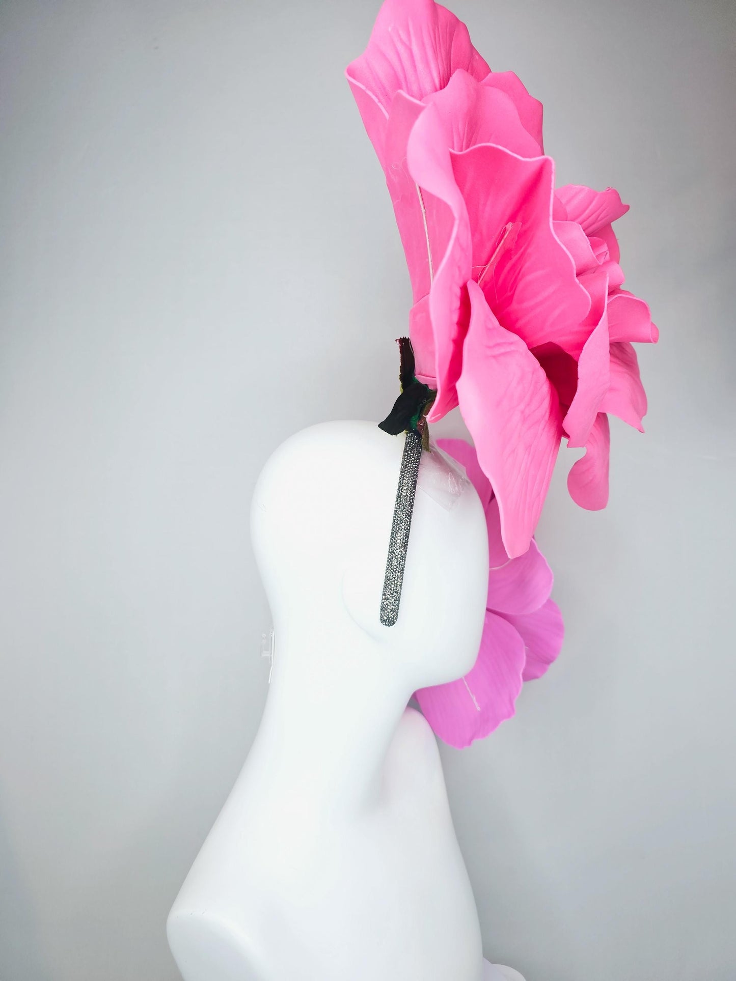 kentucky derby hat fascinator crystal headband with large bright pink and light pink flowers