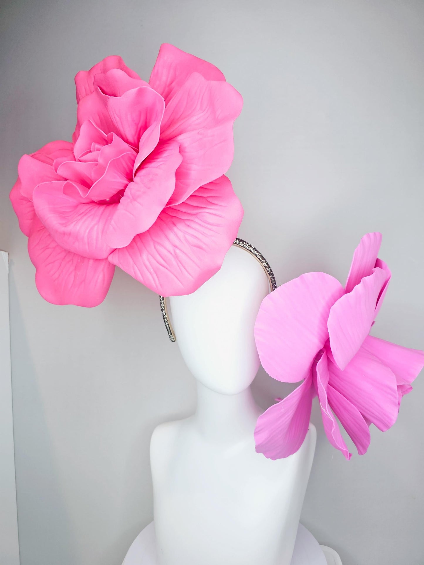 kentucky derby hat fascinator crystal headband with large bright pink and light pink flowers