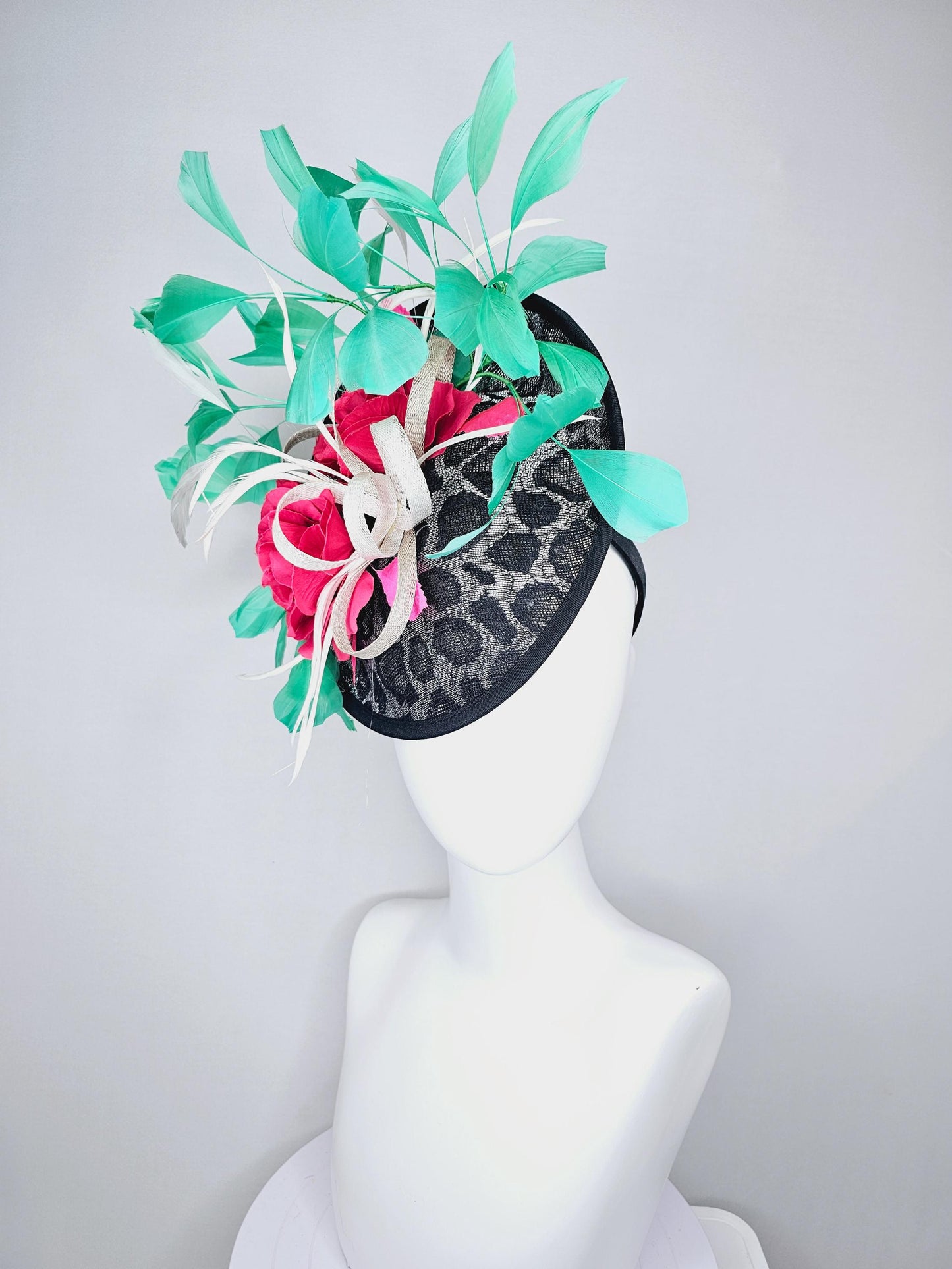kentucky derby hat fascinator black and silver leopard saucer pink and red roses and green  feathers white sinamay ribbon