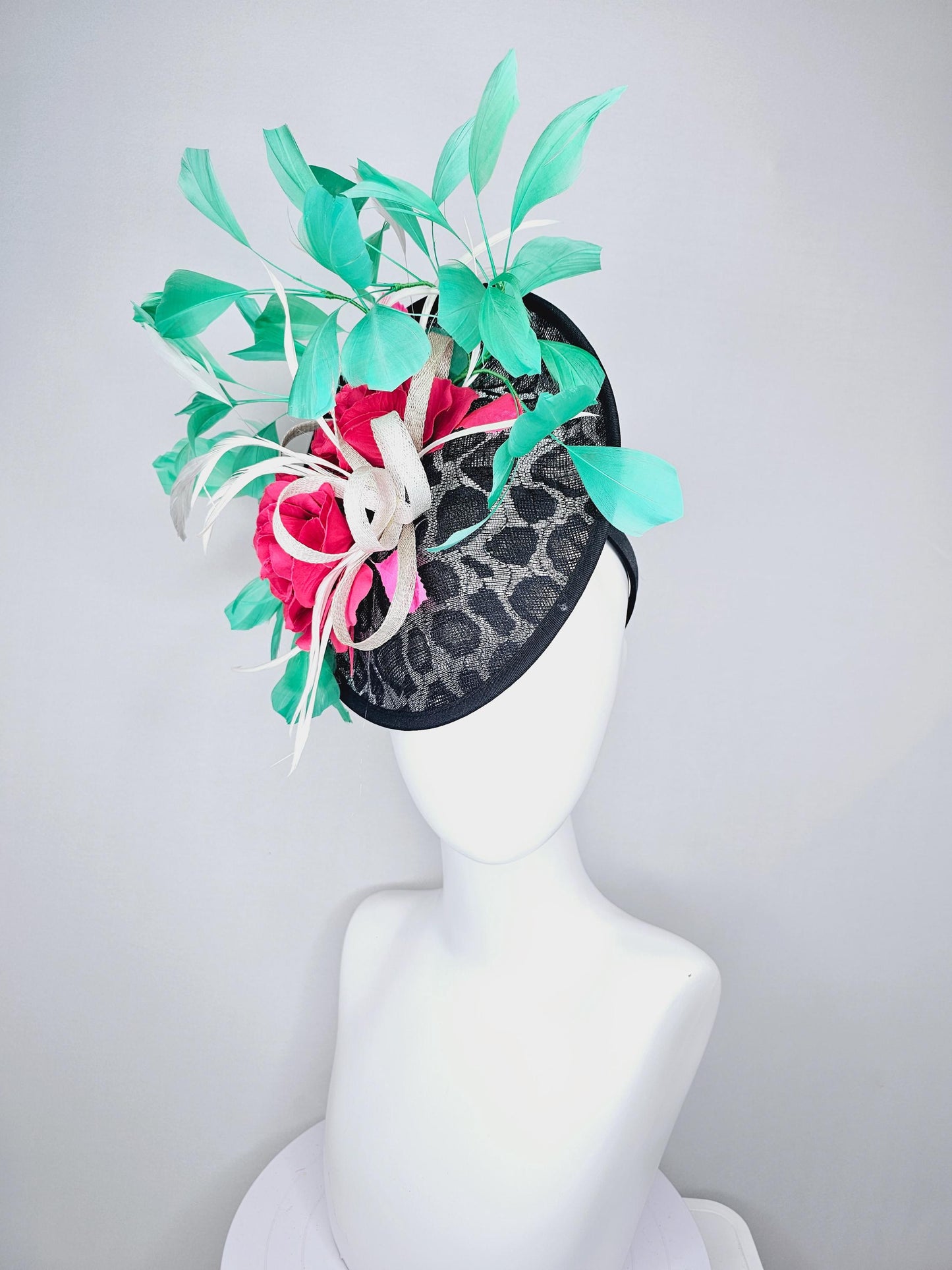 kentucky derby hat fascinator black and silver leopard saucer pink and red roses and green  feathers white sinamay ribbon