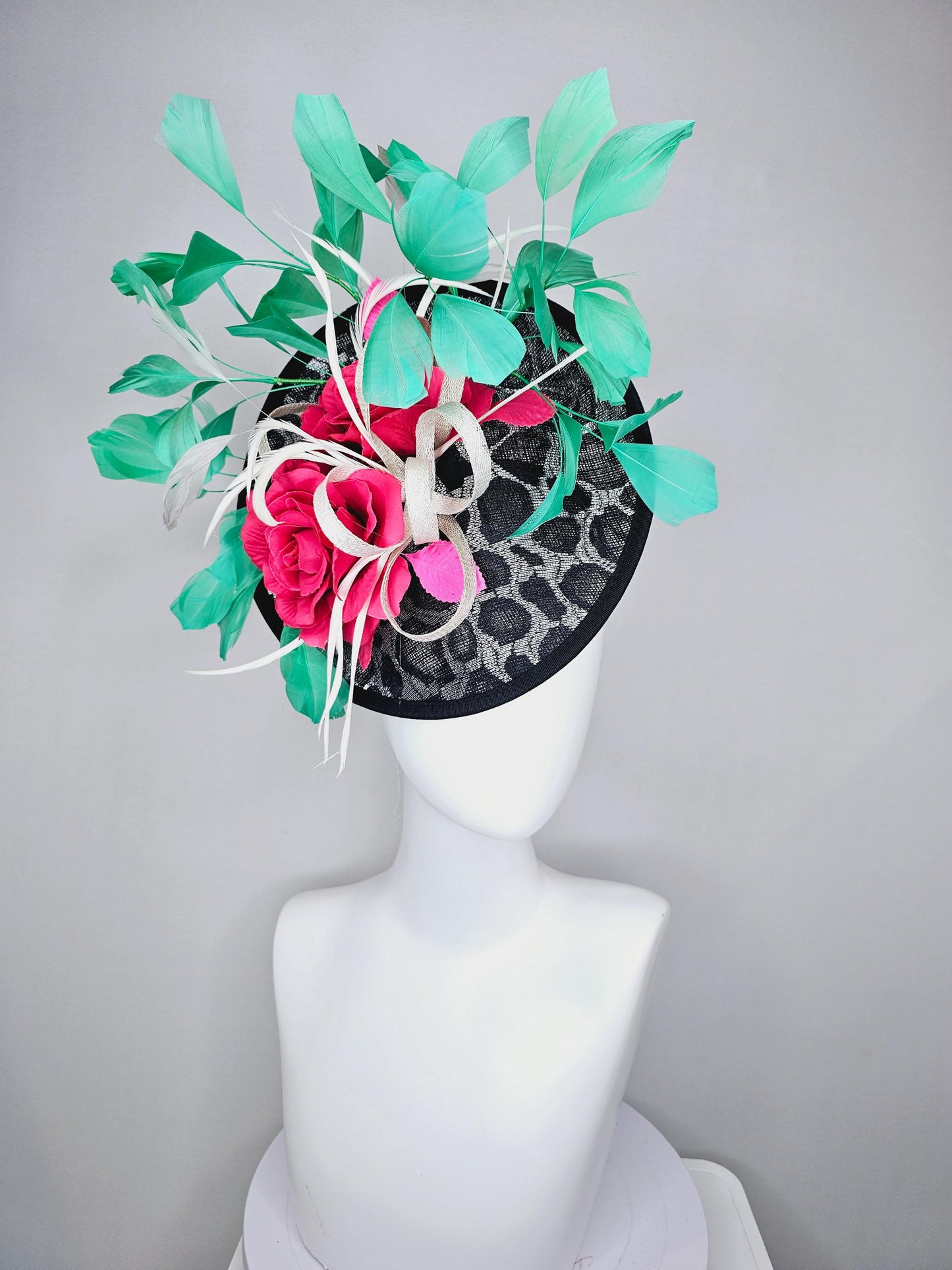 kentucky derby hat fascinator black and silver leopard saucer pink and red roses and green  feathers white sinamay ribbon