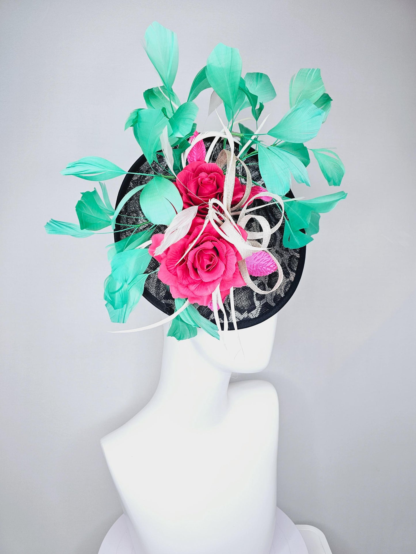 kentucky derby hat fascinator black and silver leopard saucer pink and red roses and green  feathers white sinamay ribbon