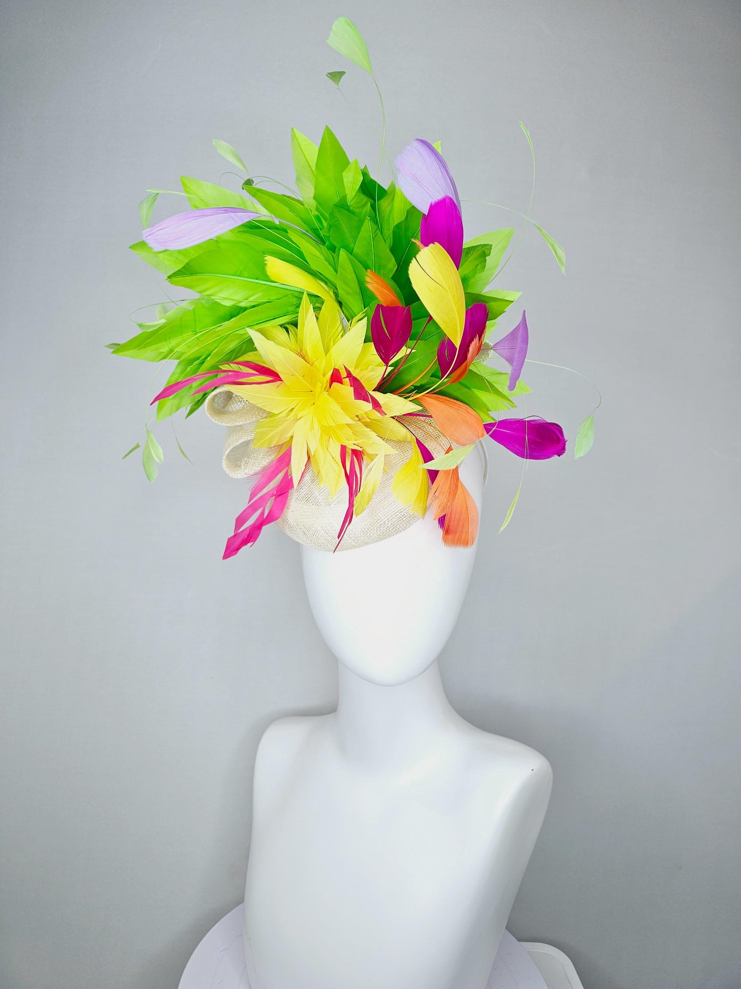 kentucky derby hat fascinator white ivory sinamay with rainbow feathers green orange fuchsia pink feathers with yellow feather flower