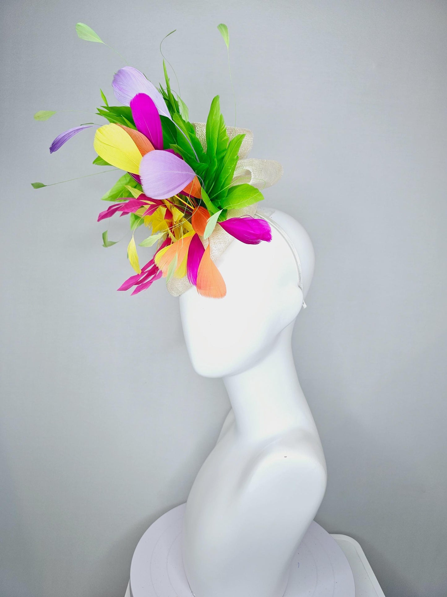 kentucky derby hat fascinator white ivory sinamay with rainbow feathers green orange fuchsia pink feathers with yellow feather flower