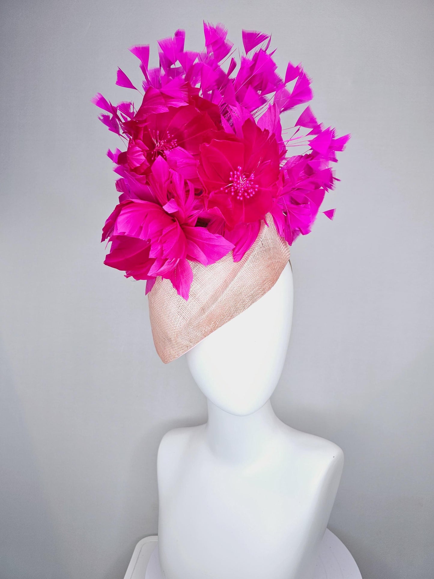 kentucky derby hat fascinator light blush pink  pointed teardrop perch sinamay with fluffy fuchsia pink feather flowers pink feathers