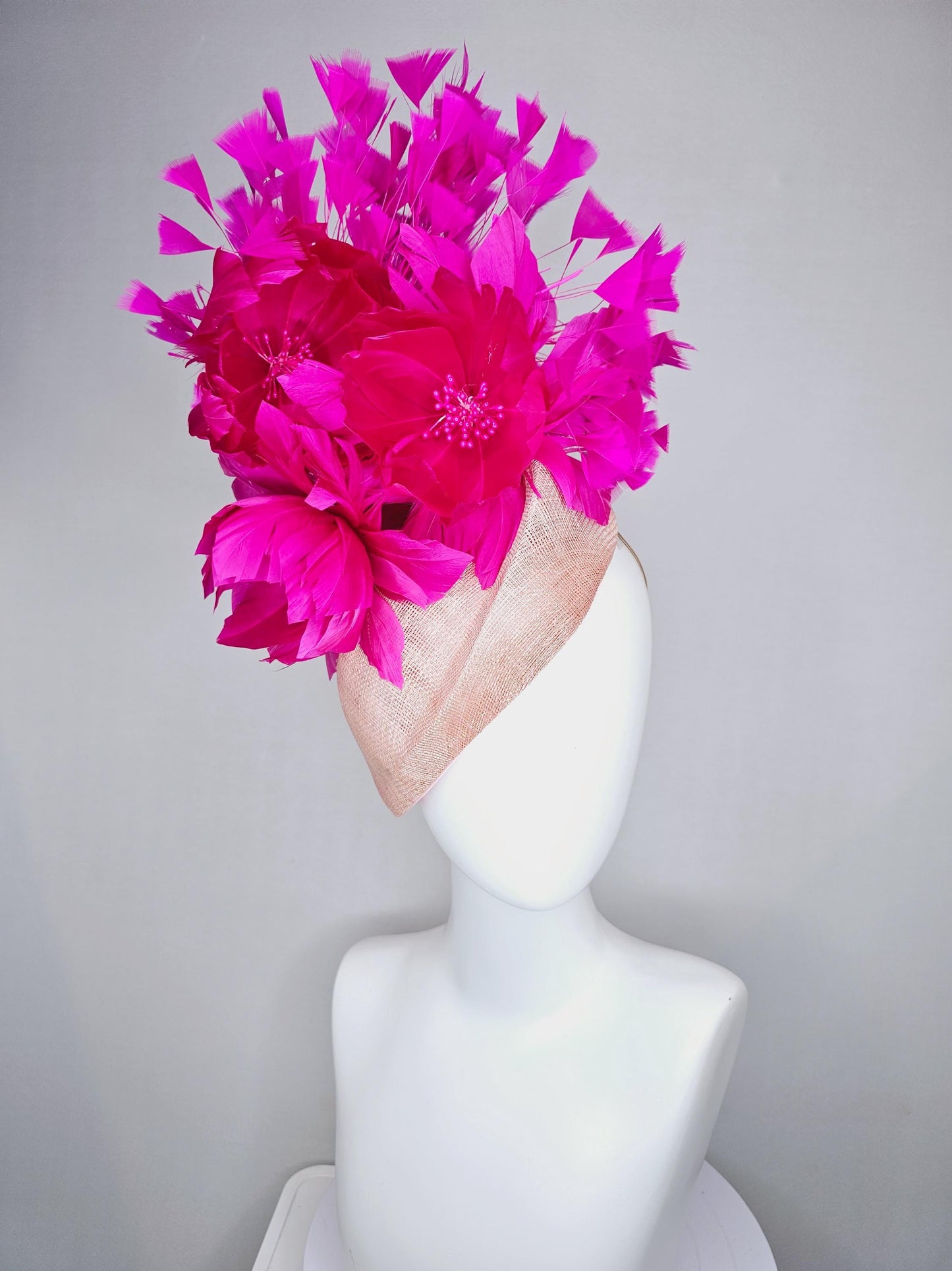 kentucky derby hat fascinator light blush pink  pointed teardrop perch sinamay with fluffy fuchsia pink feather flowers pink feathers