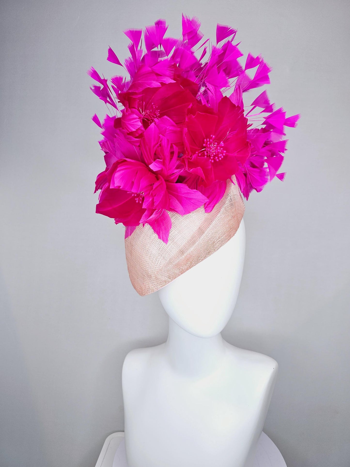 kentucky derby hat fascinator light blush pink  pointed teardrop perch sinamay with fluffy fuchsia pink feather flowers pink feathers