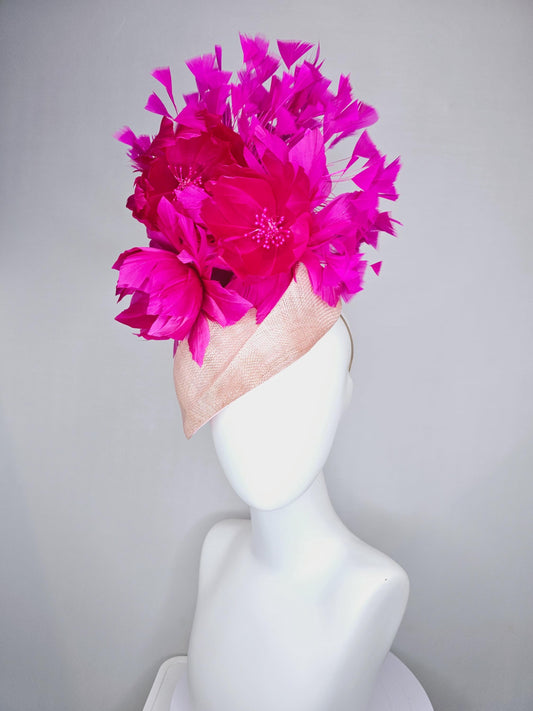 kentucky derby hat fascinator light blush pink  pointed teardrop perch sinamay with fluffy fuchsia pink feather flowers pink feathers