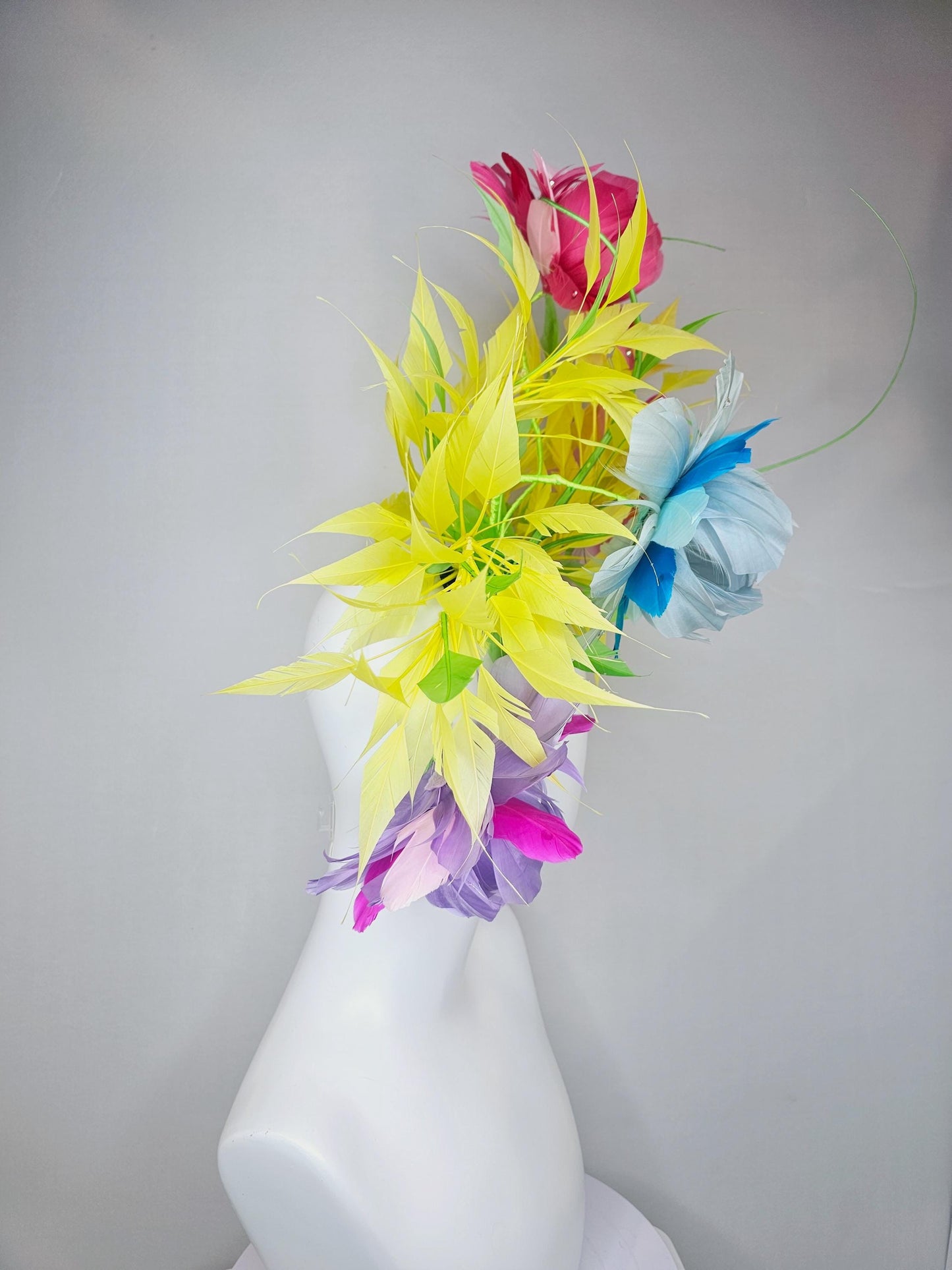 kentucky derby hat fascinator rainbow huge feather flowers purple pink blue ombre with spiky yellow and bright green feathers