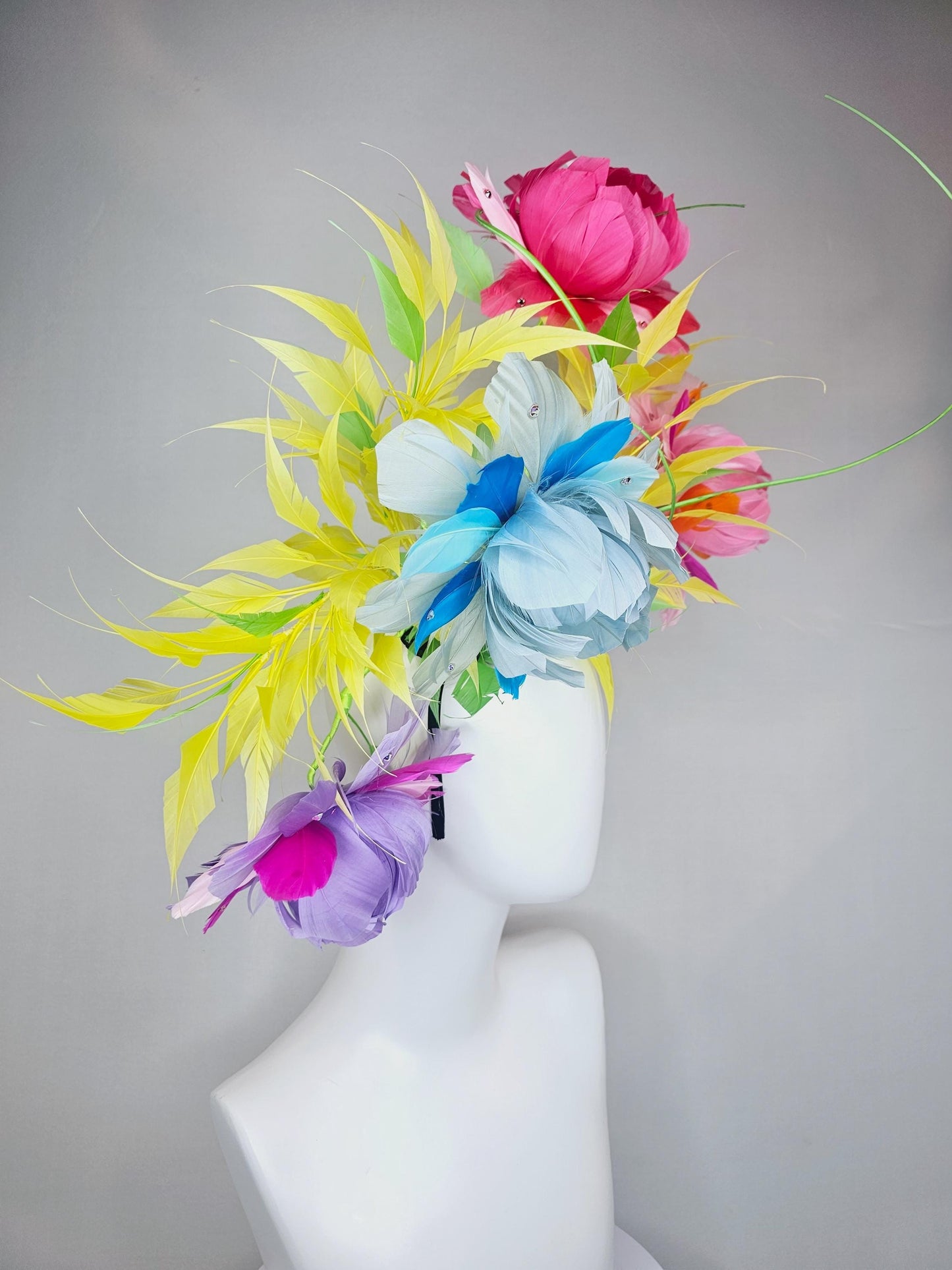 kentucky derby hat fascinator rainbow huge feather flowers purple pink blue ombre with spiky yellow and bright green feathers