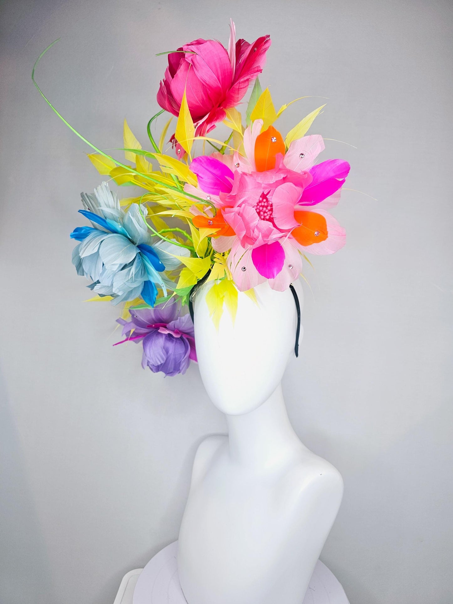 kentucky derby hat fascinator rainbow huge feather flowers purple pink blue ombre with spiky yellow and bright green feathers