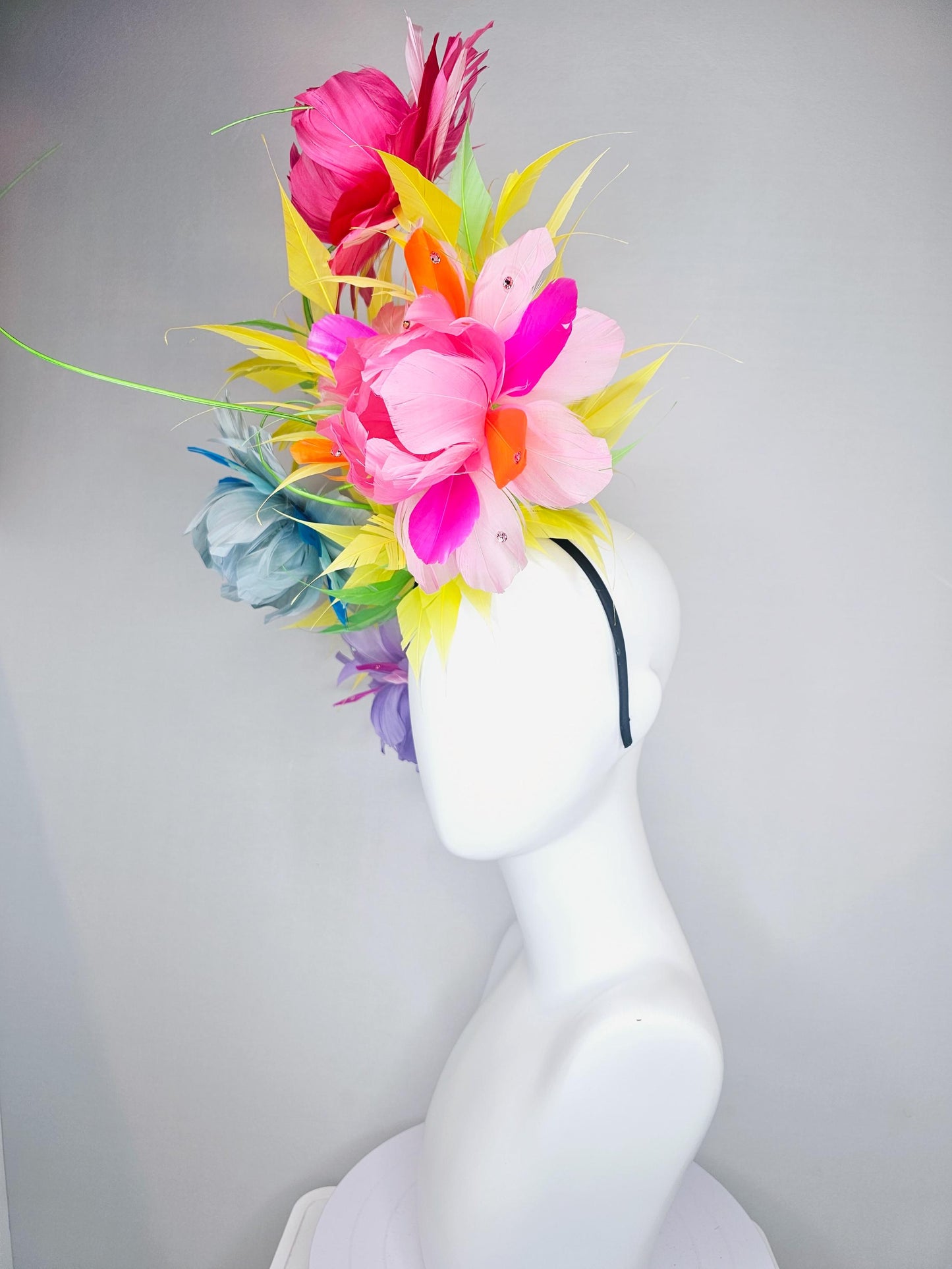 kentucky derby hat fascinator rainbow huge feather flowers purple pink blue ombre with spiky yellow and bright green feathers