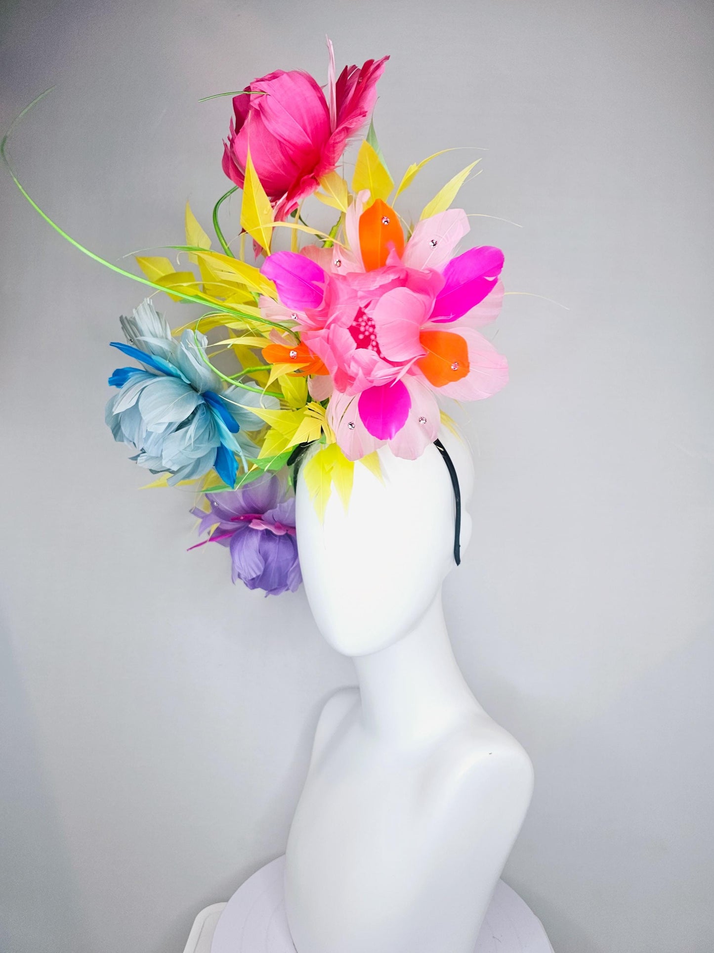 kentucky derby hat fascinator rainbow huge feather flowers purple pink blue ombre with spiky yellow and bright green feathers