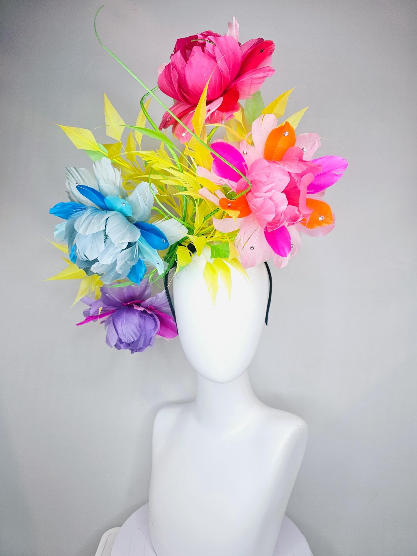 kentucky derby hat fascinator rainbow huge feather flowers purple pink blue ombre with spiky yellow and bright green feathers