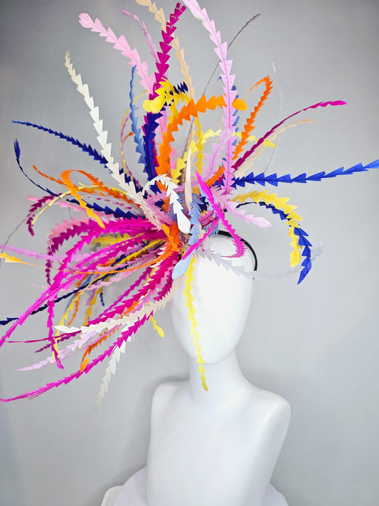 kentucky derby hat fascinator huge bright lightweight feather red pink blue purple white orange green on thin headband