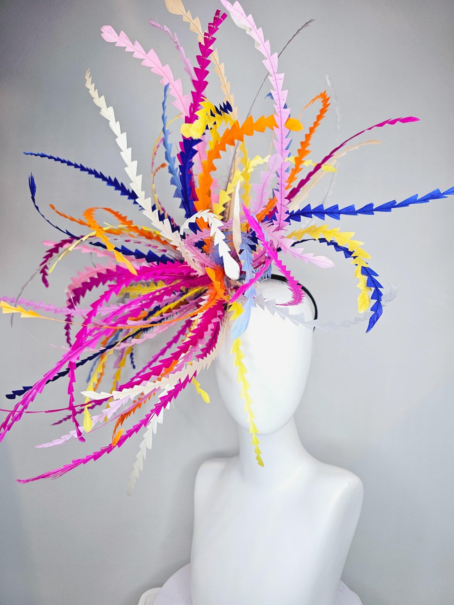 kentucky derby hat fascinator huge bright lightweight feather red pink blue purple white orange green on thin headband