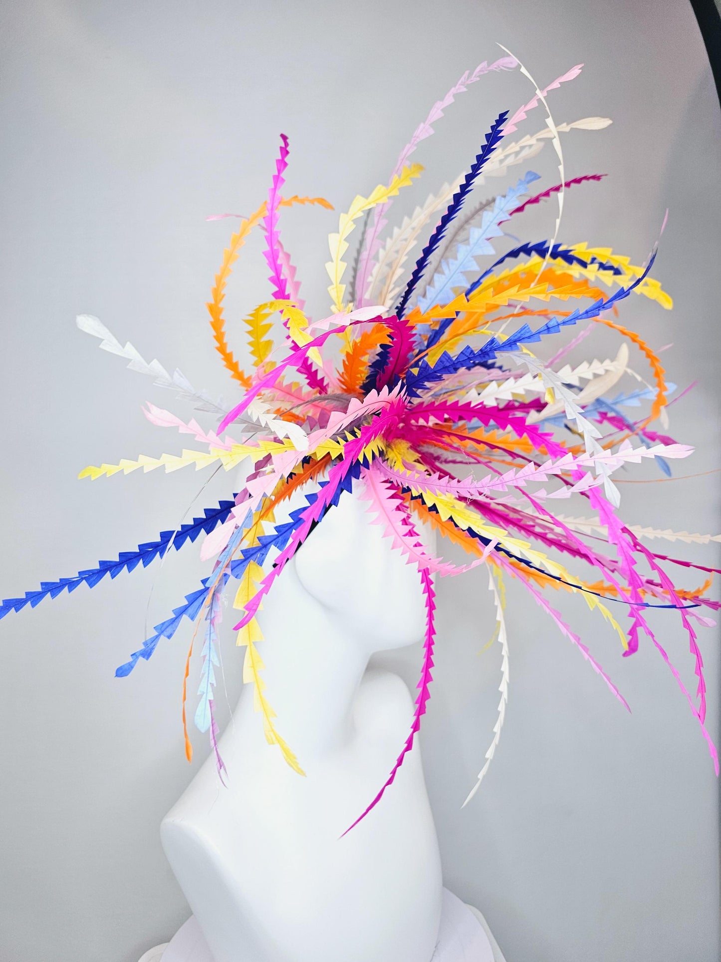 kentucky derby hat fascinator huge bright lightweight feather red pink blue purple white orange green on thin headband