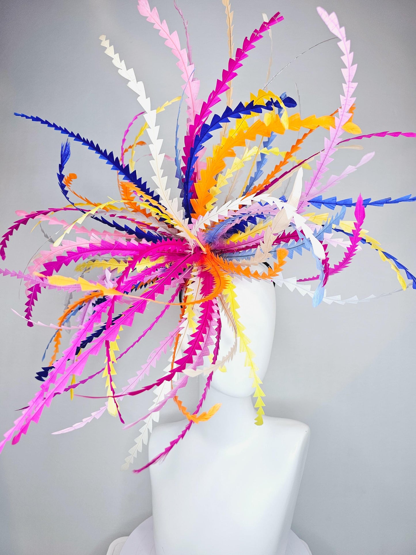 kentucky derby hat fascinator huge bright lightweight feather red pink blue purple white orange green on thin headband