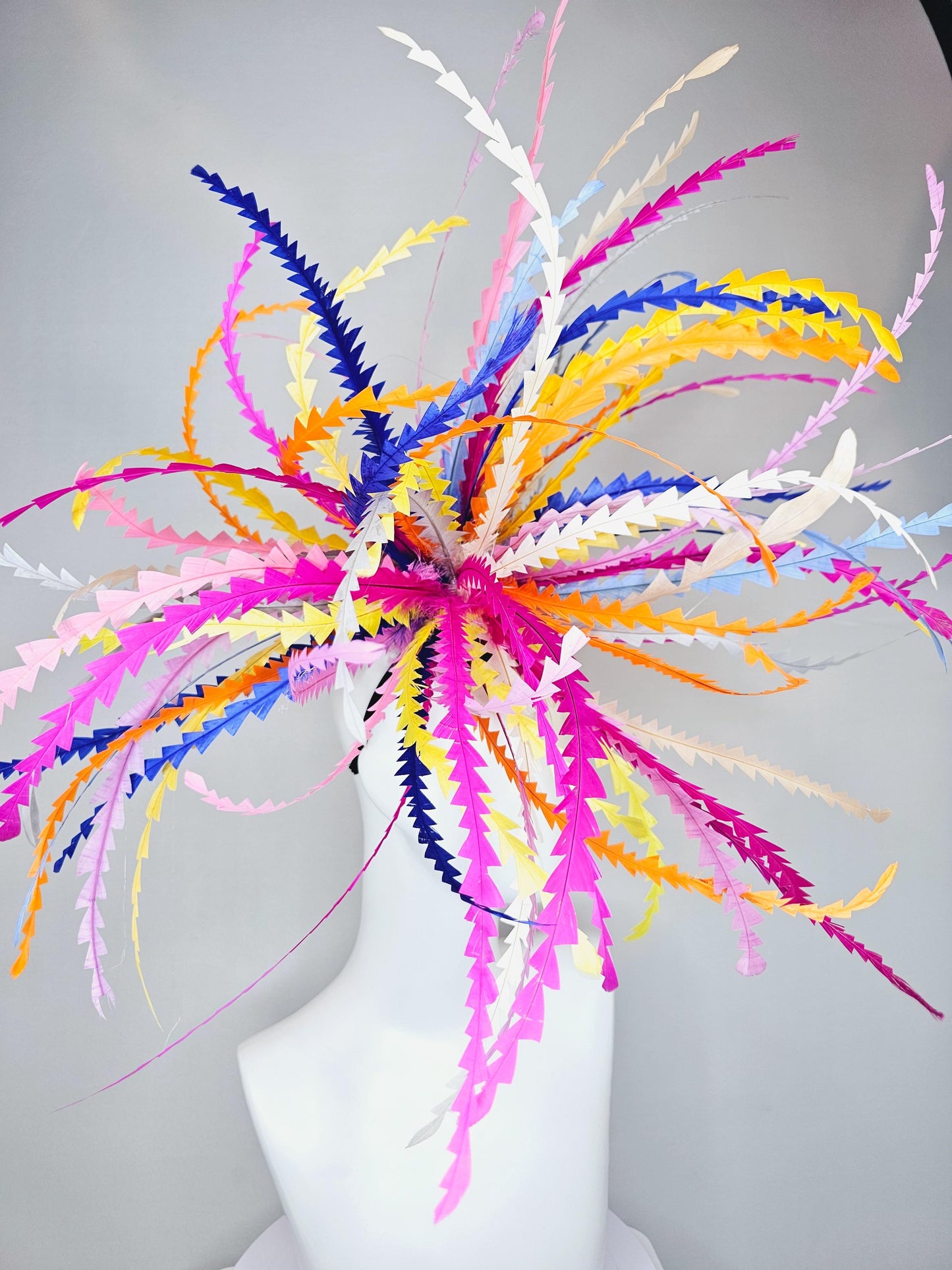 kentucky derby hat fascinator huge bright lightweight feather red pink blue purple white orange green on thin headband