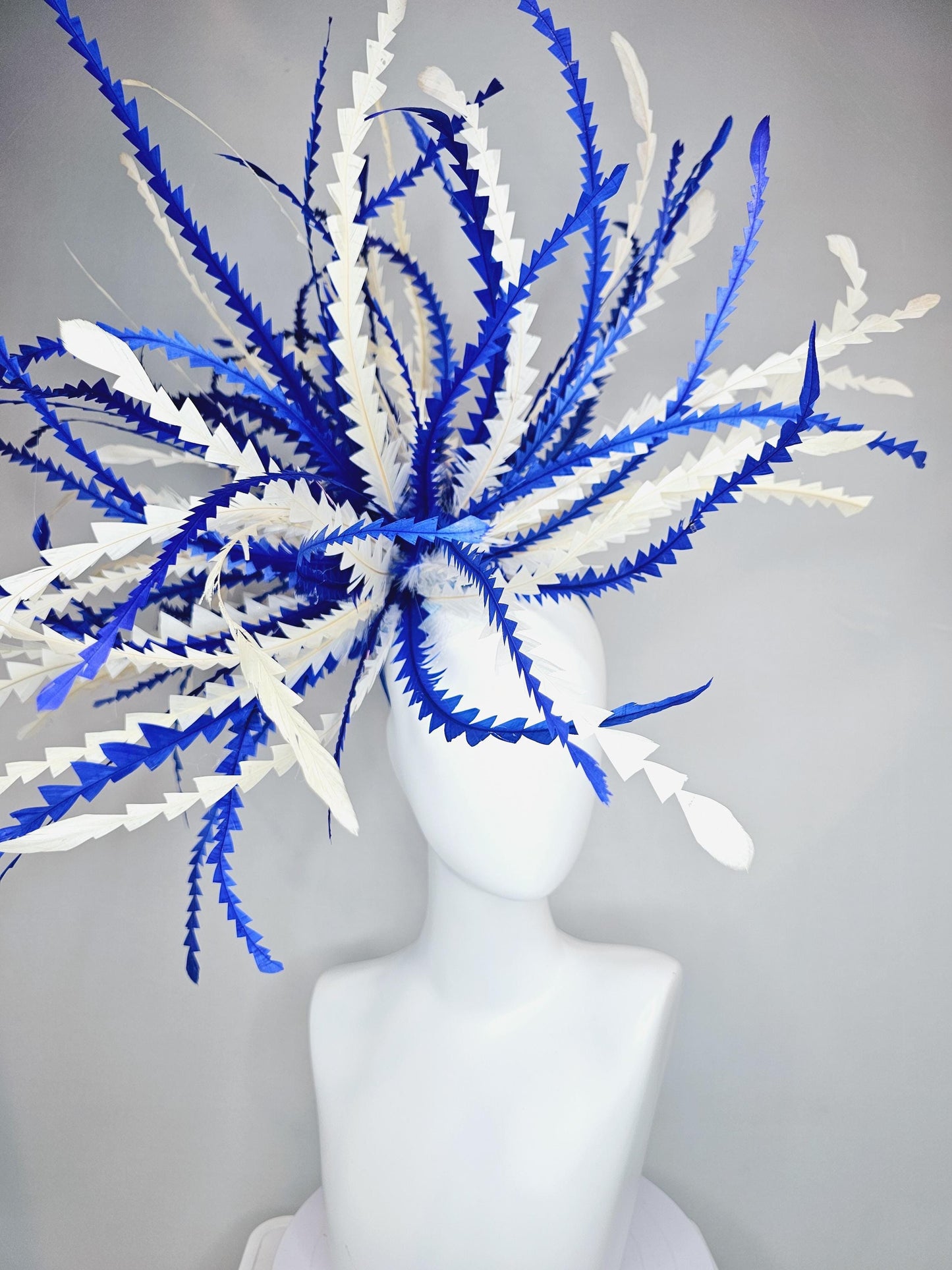 kentucky derby hat fascinator huge royal blue and cream white  zigzag long feather showstopper headpiece