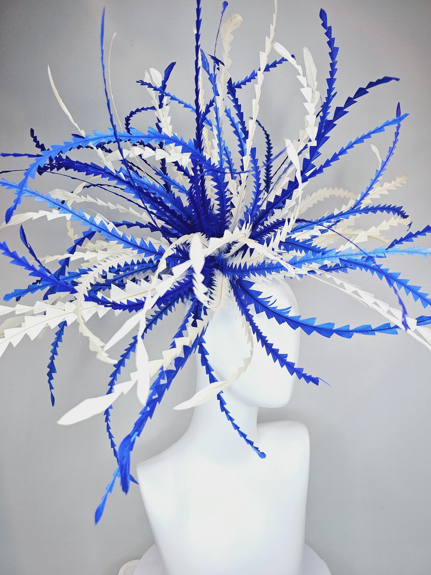 kentucky derby hat fascinator huge royal blue and cream white  zigzag long feather showstopper headpiece