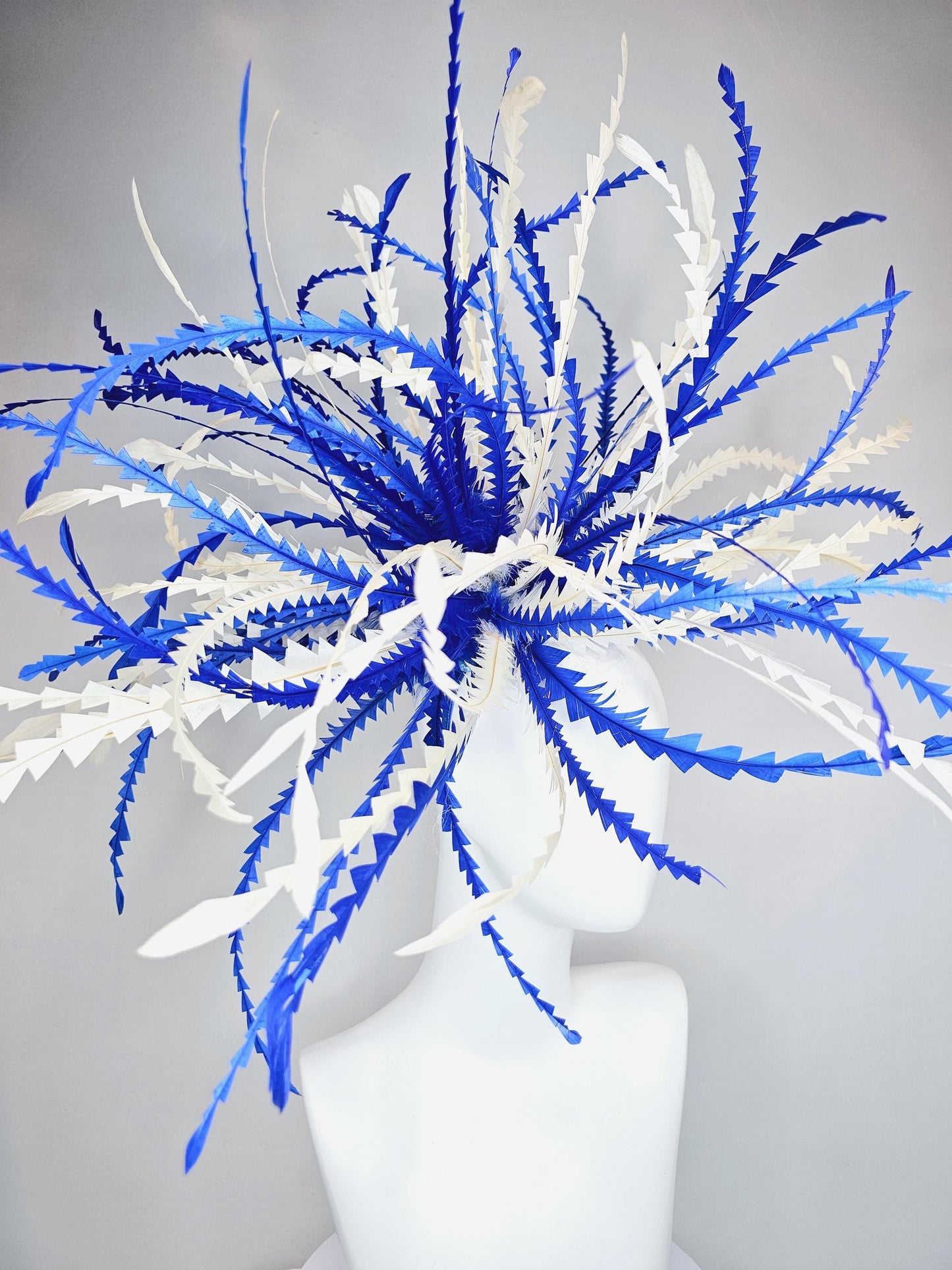 kentucky derby hat fascinator huge royal blue and cream white  zigzag long feather showstopper headpiece