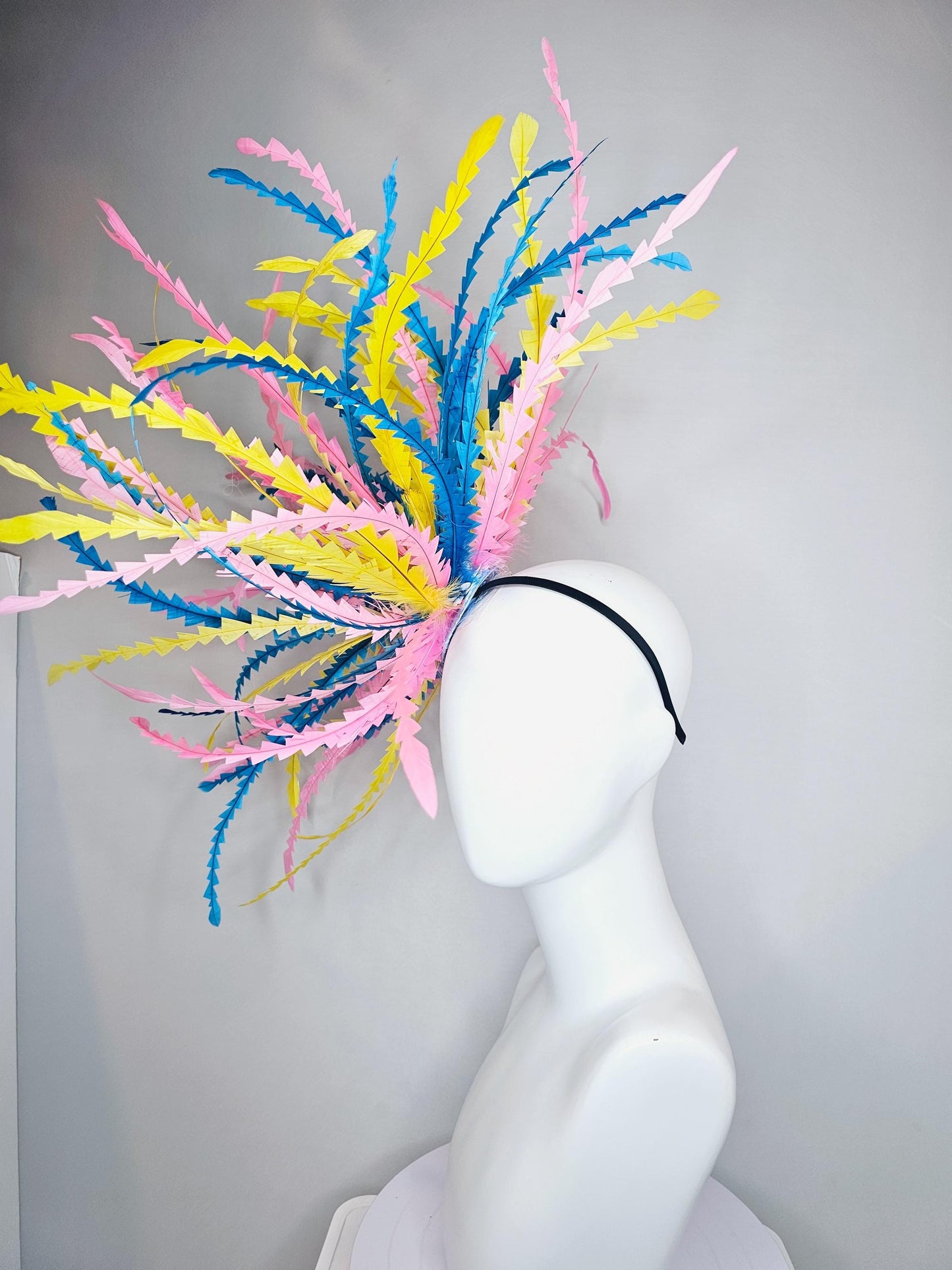 kentucky derby hat fascinator huge blue pink yellow pastel zigzag long feather showstopper headpiece