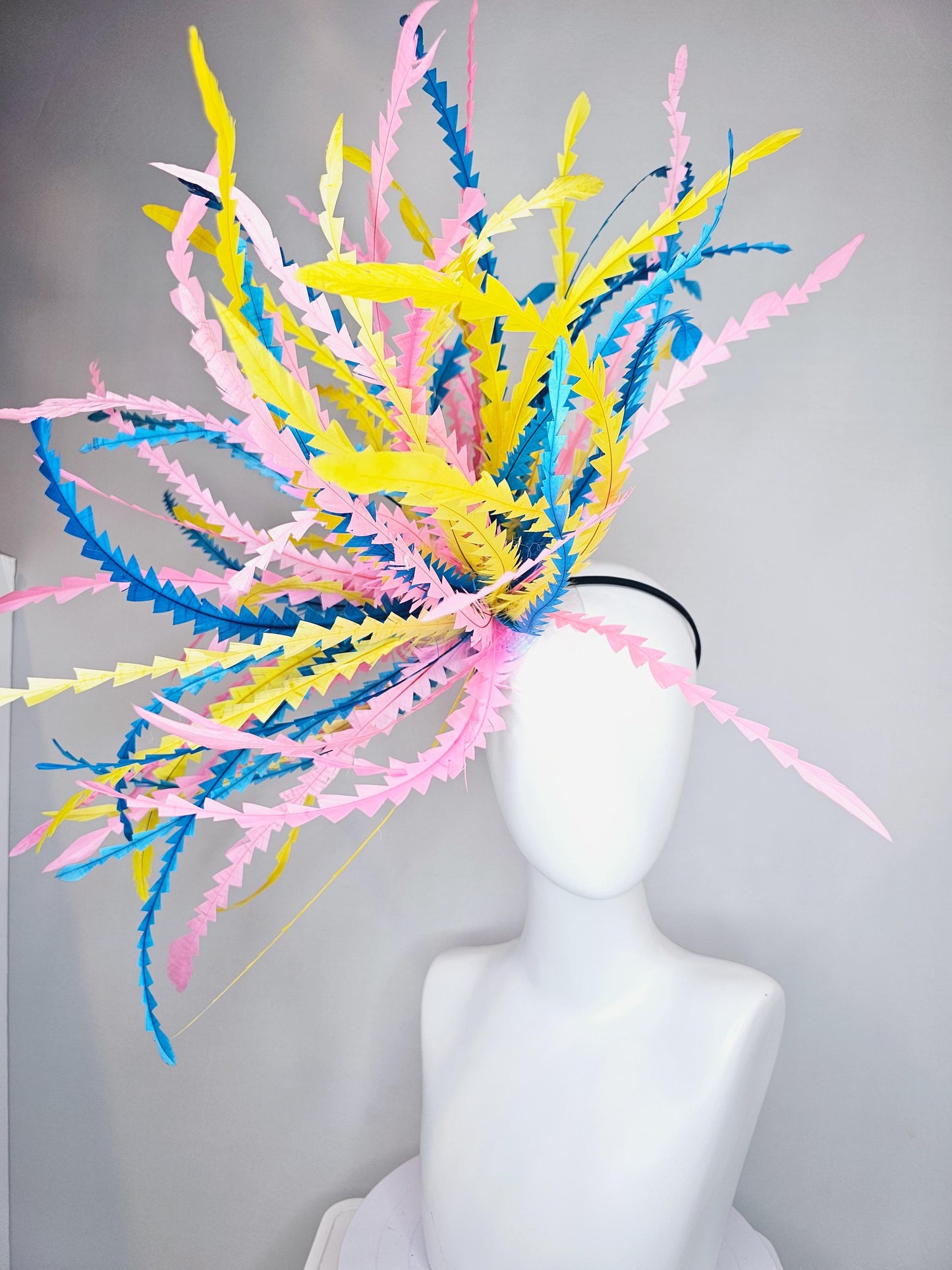kentucky derby hat fascinator huge blue pink yellow pastel zigzag long feather showstopper headpiece