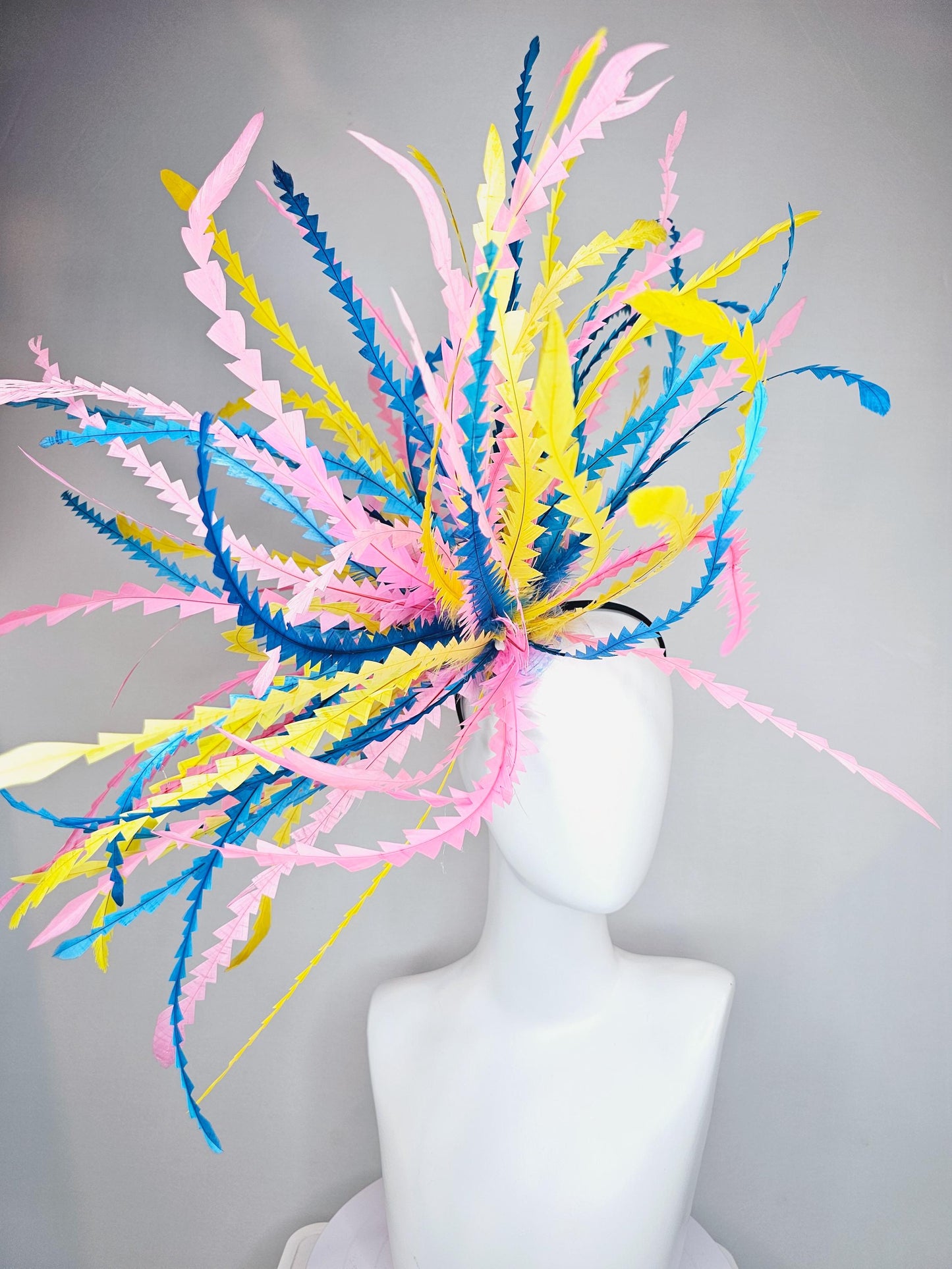 kentucky derby hat fascinator huge blue pink yellow pastel zigzag long feather showstopper headpiece