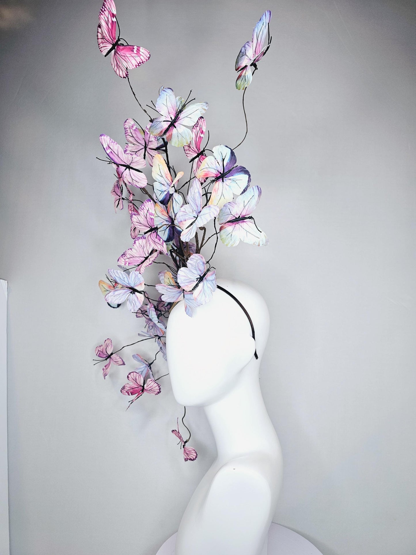 kentucky derby hat fascinator huge branching pastel blue lavender pink yellow peach ombre fabric butterflies