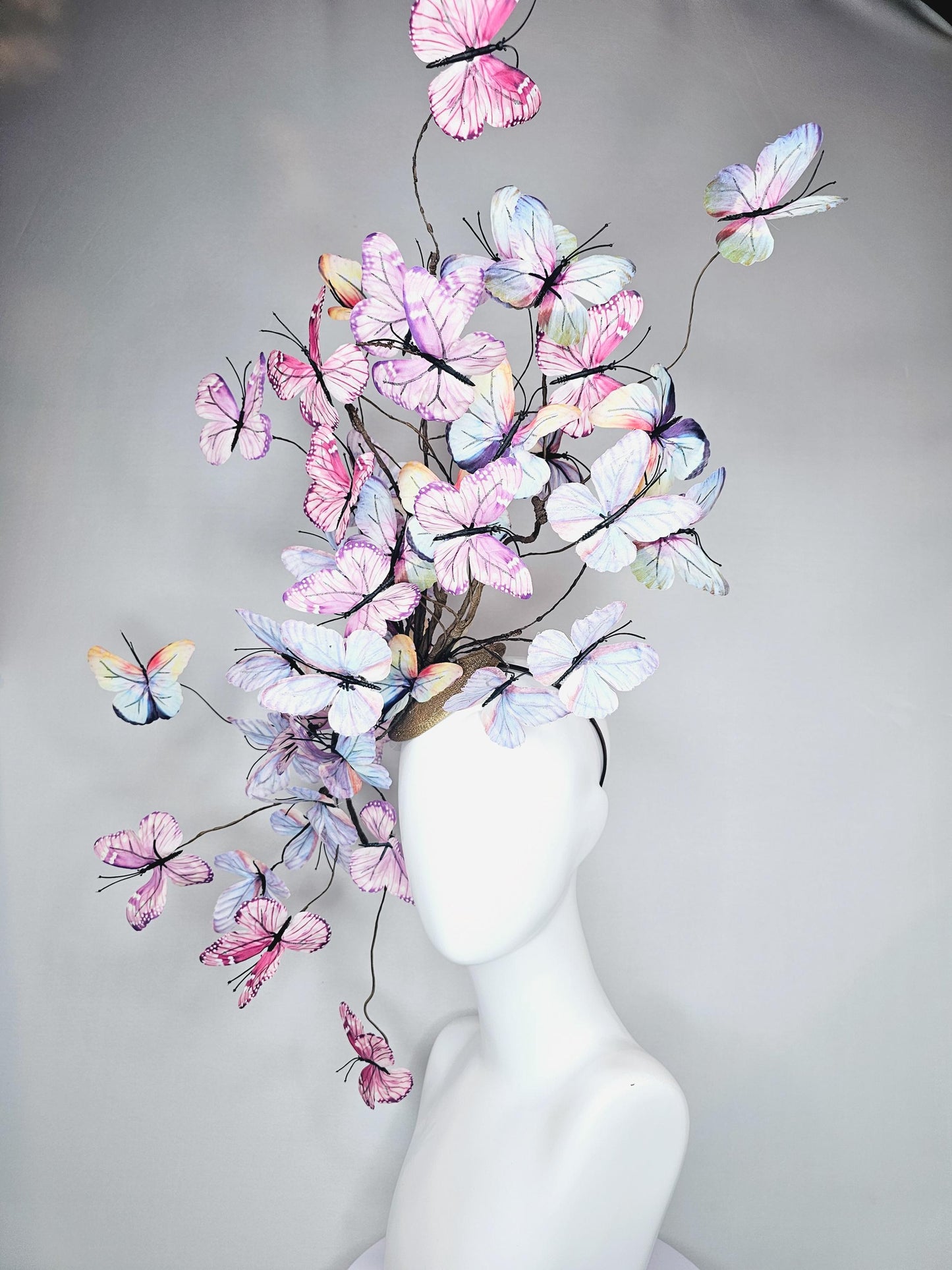 kentucky derby hat fascinator huge branching pastel blue lavender pink yellow peach ombre fabric butterflies