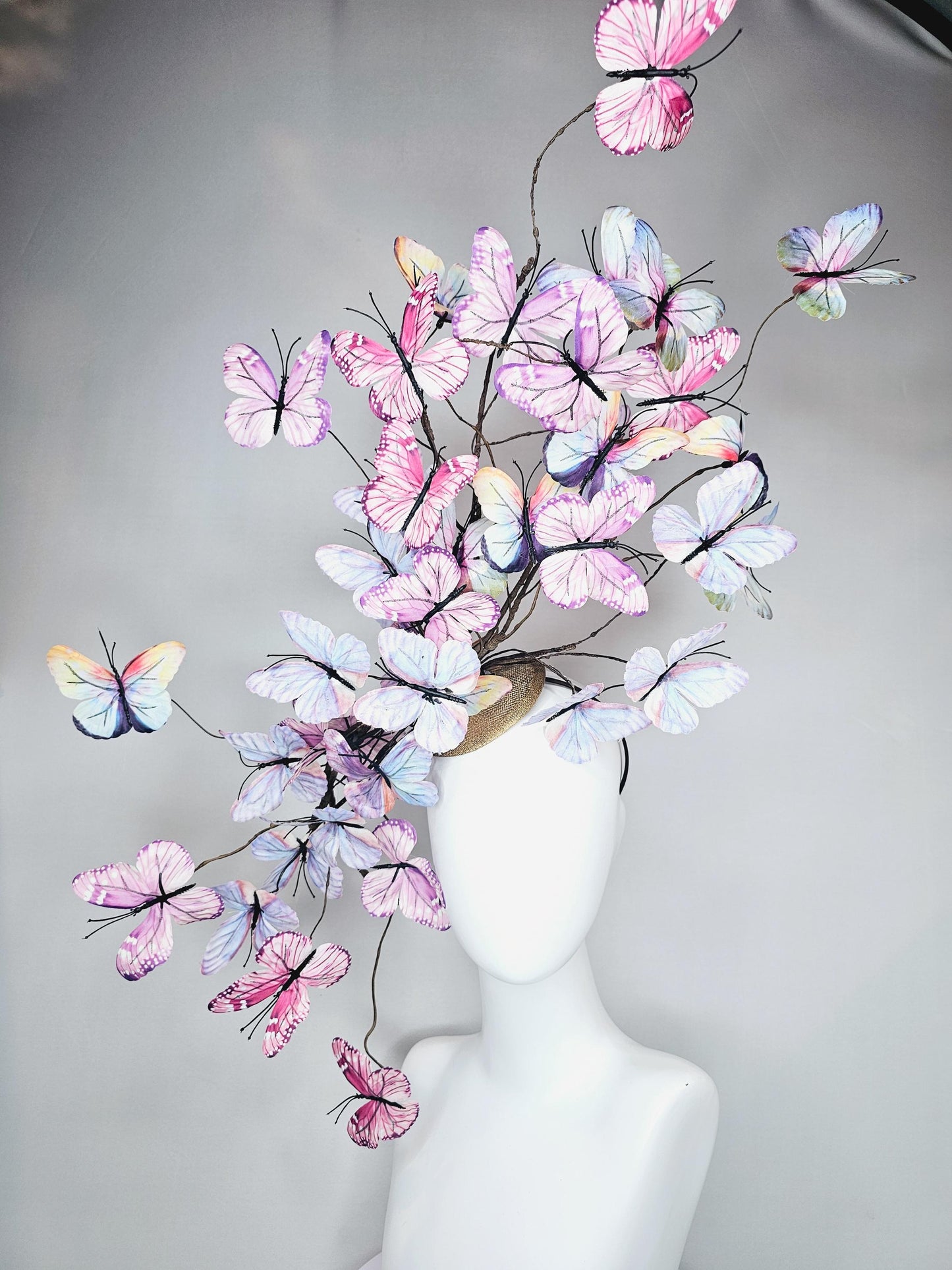 kentucky derby hat fascinator huge branching pastel blue lavender pink yellow peach ombre fabric butterflies