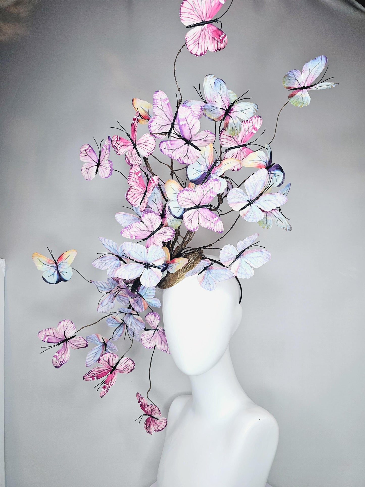 kentucky derby hat fascinator huge branching pastel blue lavender pink yellow peach ombre fabric butterflies