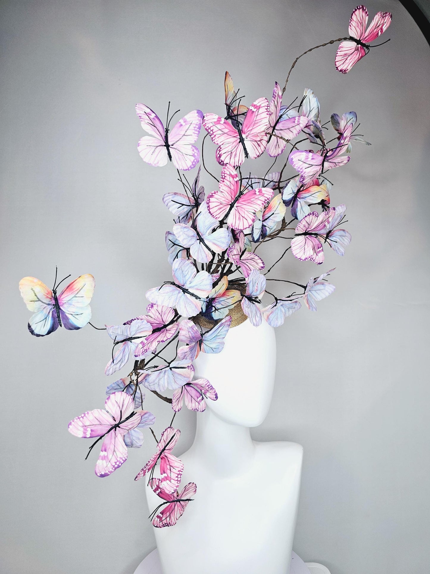 kentucky derby hat fascinator huge branching pastel blue lavender pink yellow peach ombre fabric butterflies