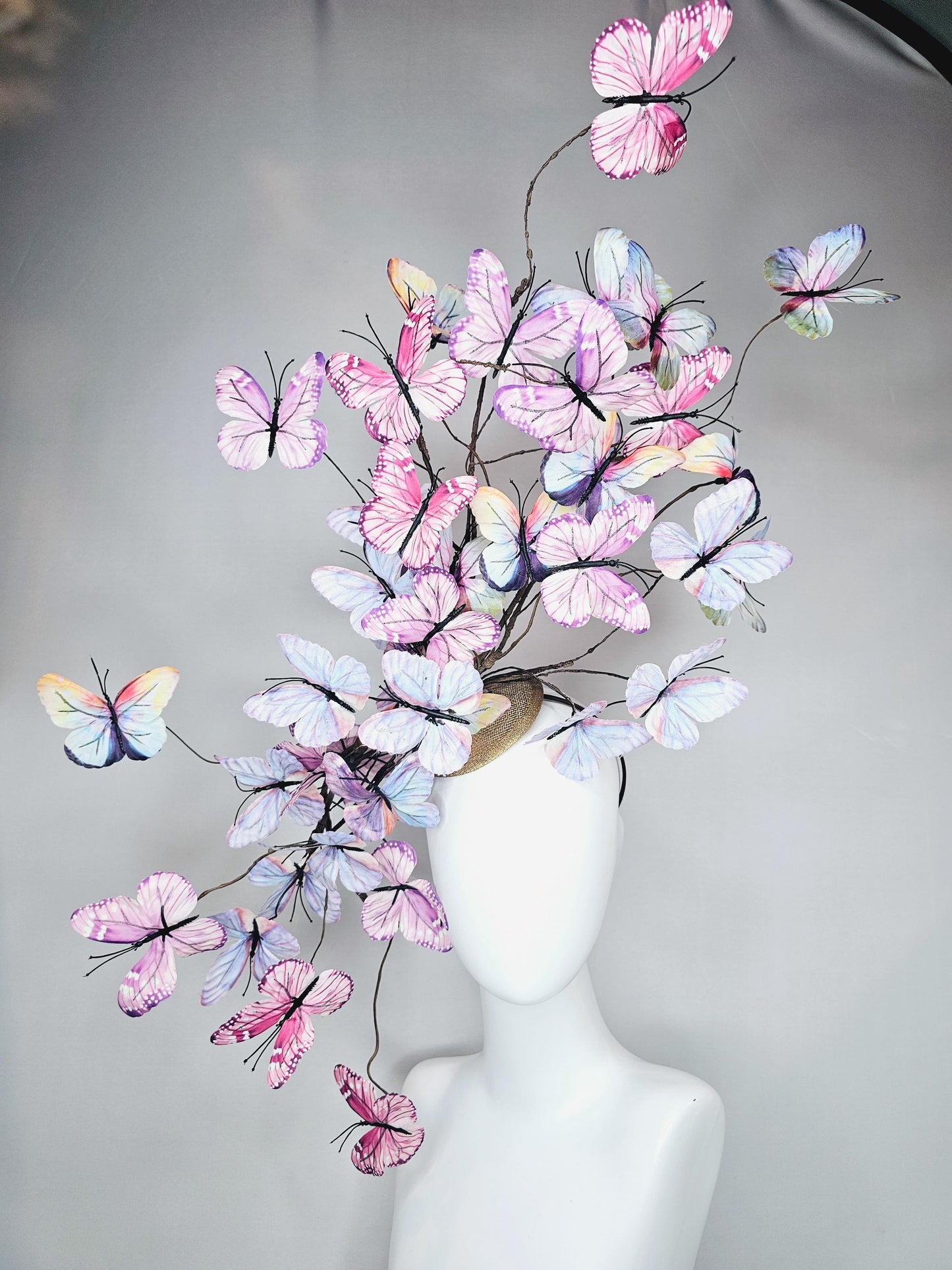 kentucky derby hat fascinator huge branching pastel blue lavender pink yellow peach ombre fabric butterflies