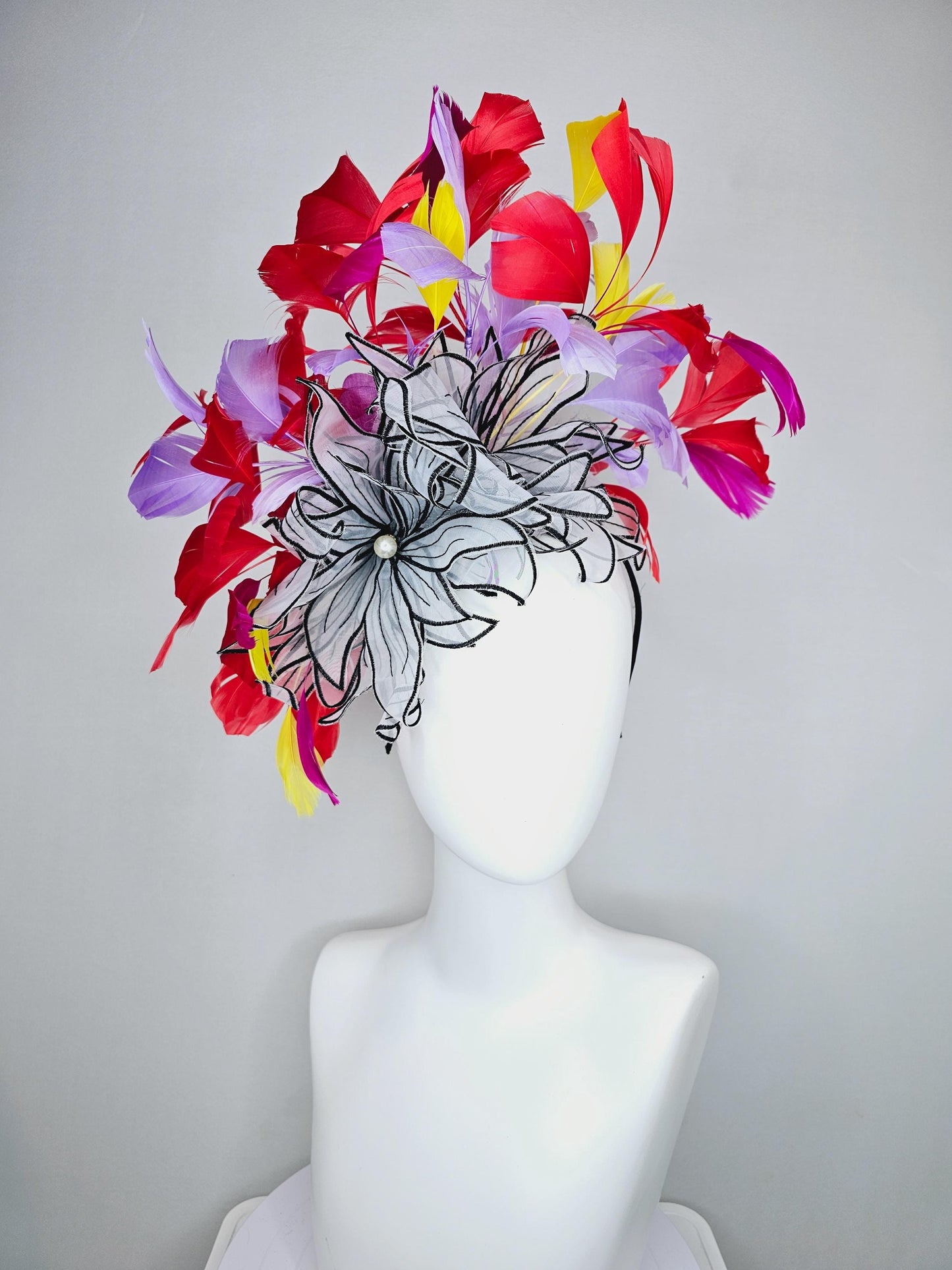 kentucky derby hat fascinator purple violet red and yellow feathers with large chiffon black and white flowers
