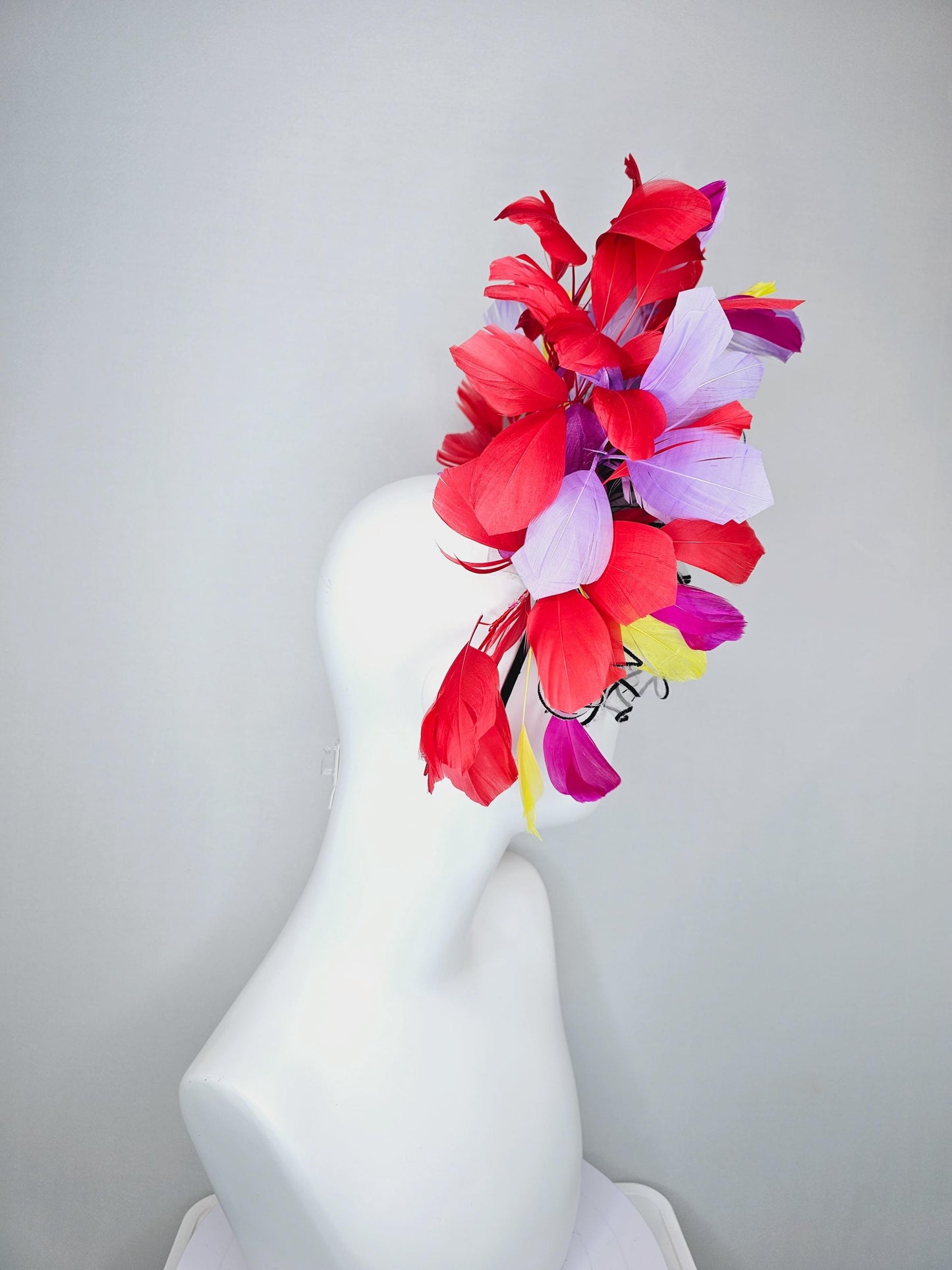 kentucky derby hat fascinator purple violet red and yellow feathers with large chiffon black and white flowers