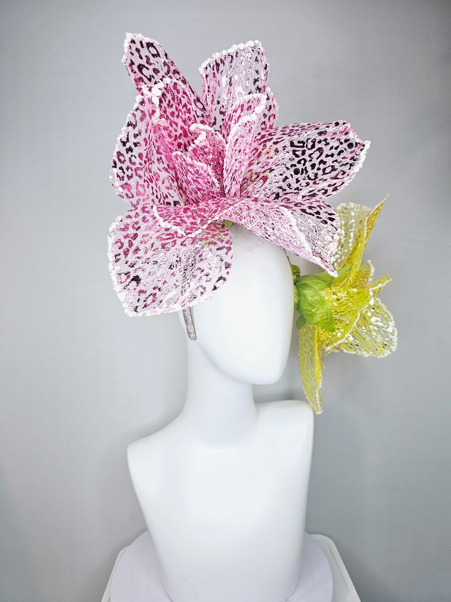 kentucky derby hat fascinator crystal headband with metallic lace large pink and yellow wire flowers